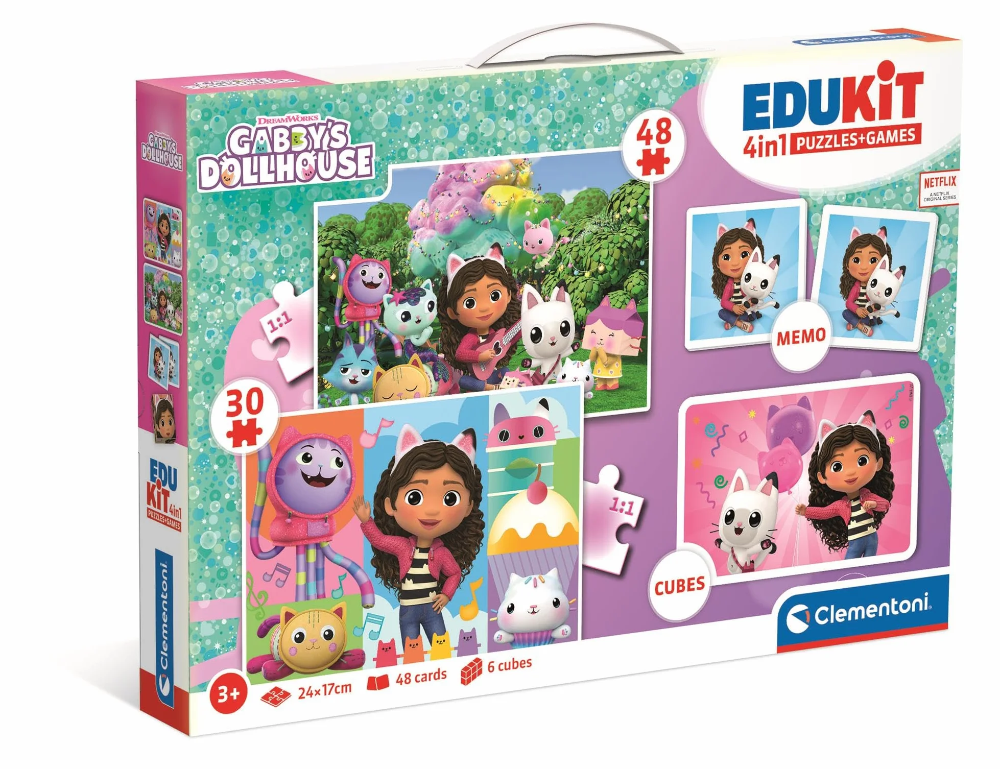 Clementoni Edukit 4 w 1 Gabby's Dollhouse - kolekcja gier dla dzieci w wieku przedszkolnym od 3 lat - w zestawie 2 puzzle, gra memo i puzzle, 18319