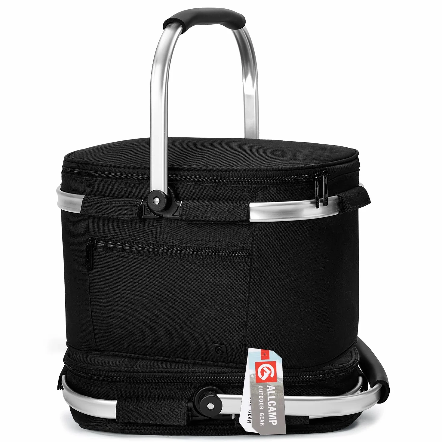 ALLCAMP Cool Bag Izolowany Kosz na Zakupy z Pokrywką Chłodziarka Ice Box Wyjmowany Kosz Piknikowy Dla 4 Osób Gruby Termiczny Kosz z Aluminiową Ramą czarny