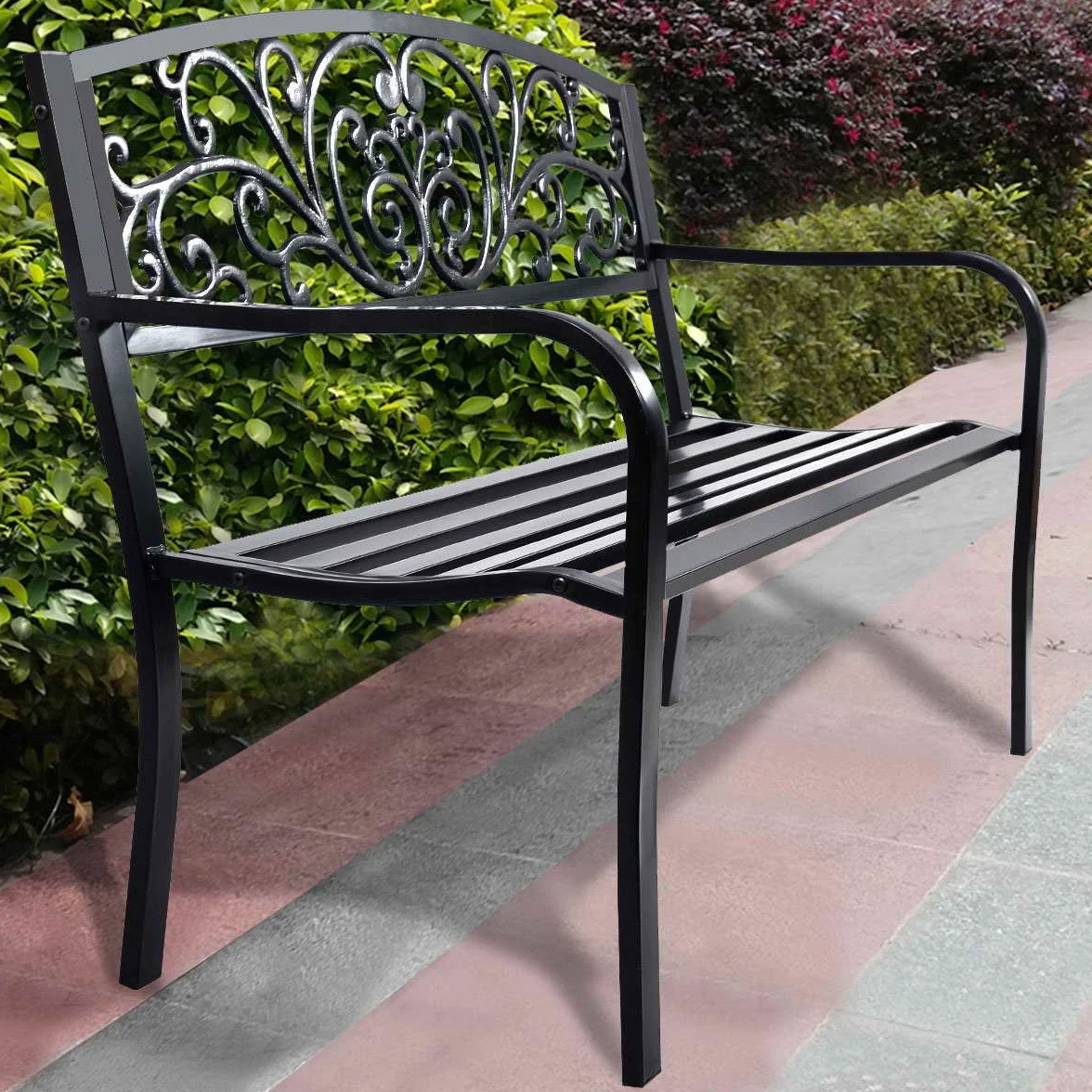 COSTWAY Ławka ogrodowa metalowa żeliwna 2-3 osobowa z oparciem i podłokietnikami 127 x 60 cm