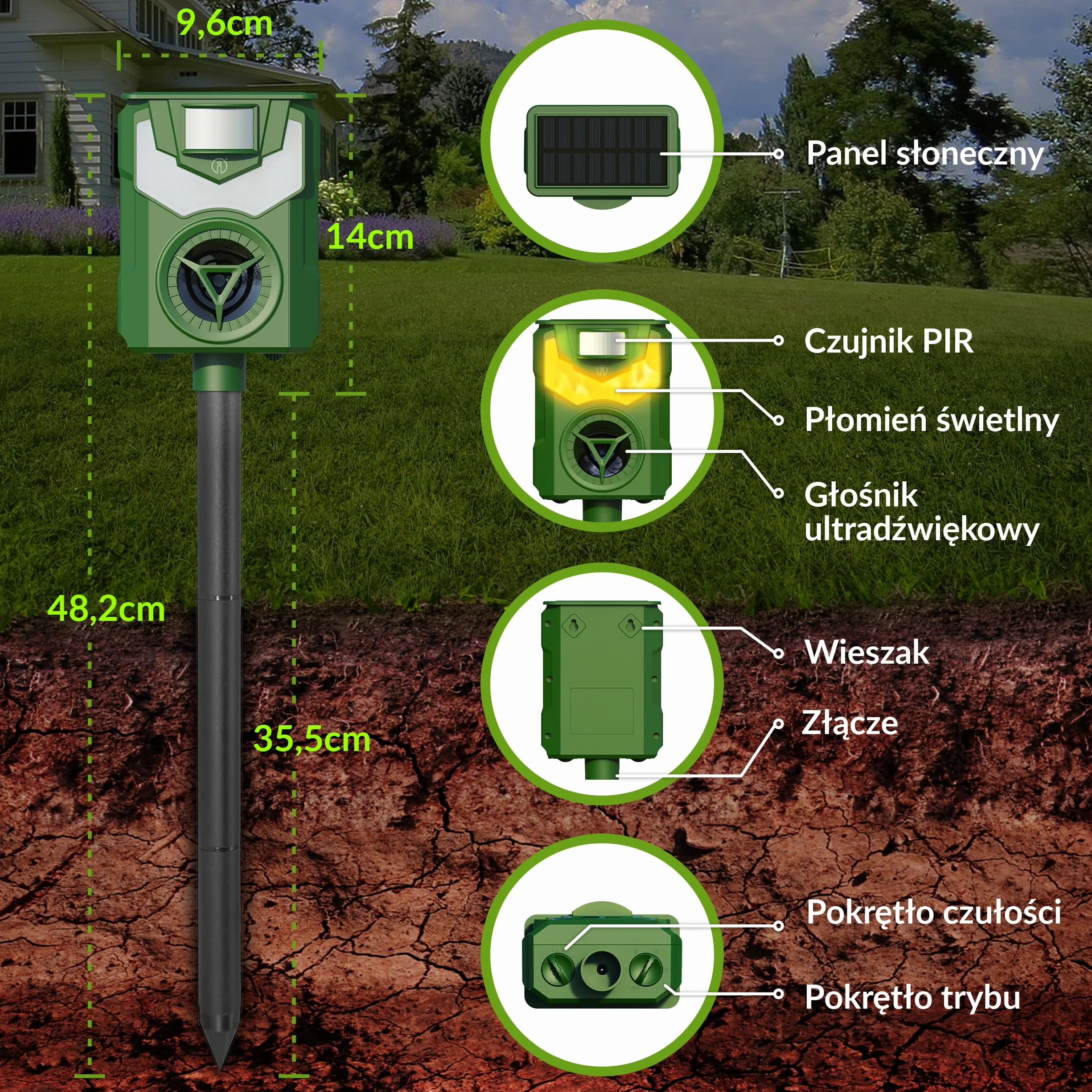 ISOTRONIC Solarny odstraszacz zwierząt z częstotliwością i światłem płomienia