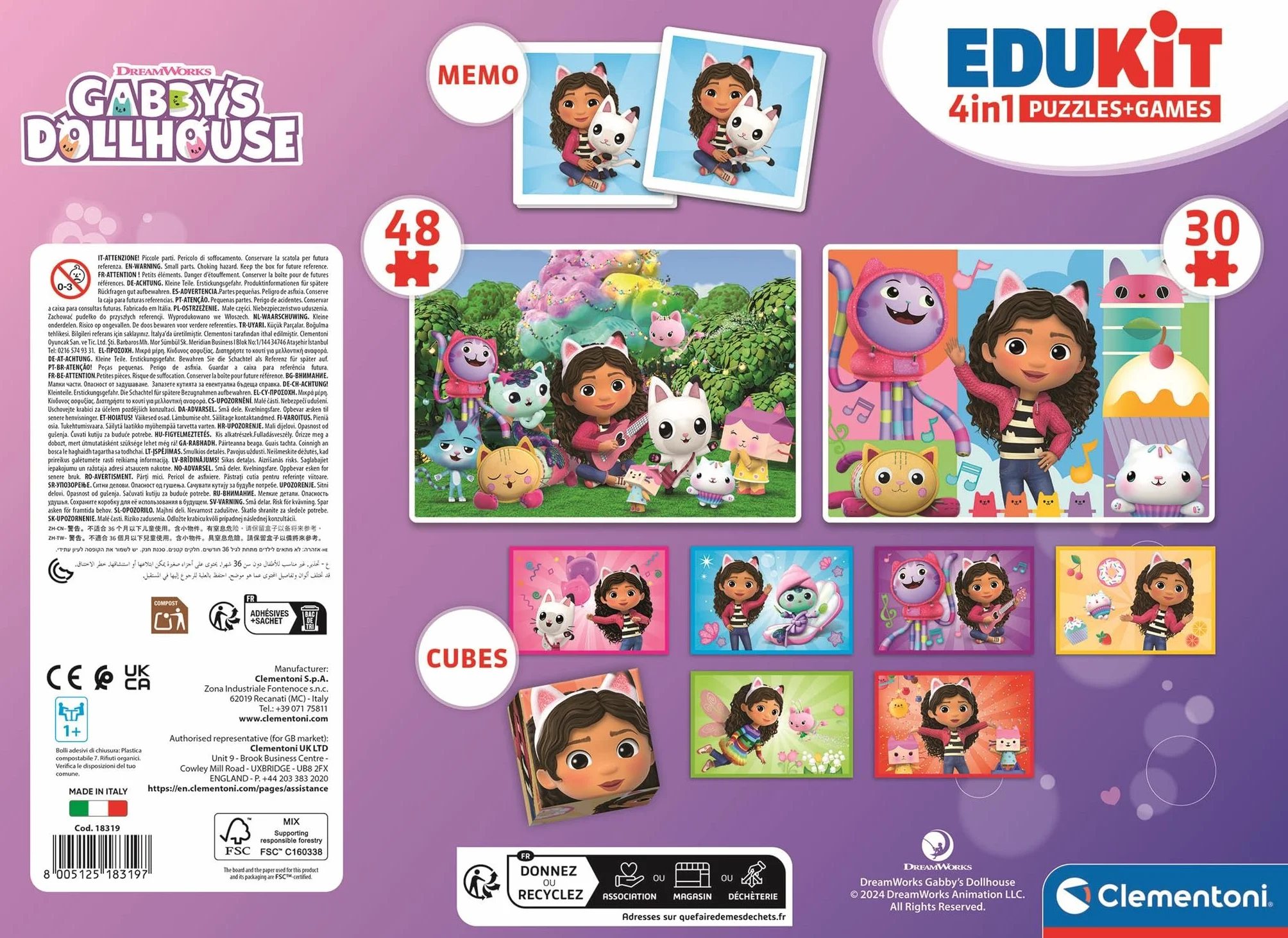 Clementoni Edukit 4 w 1 Gabby's Dollhouse - kolekcja gier dla dzieci w wieku przedszkolnym od 3 lat - w zestawie 2 puzzle, gra memo i puzzle, 18319