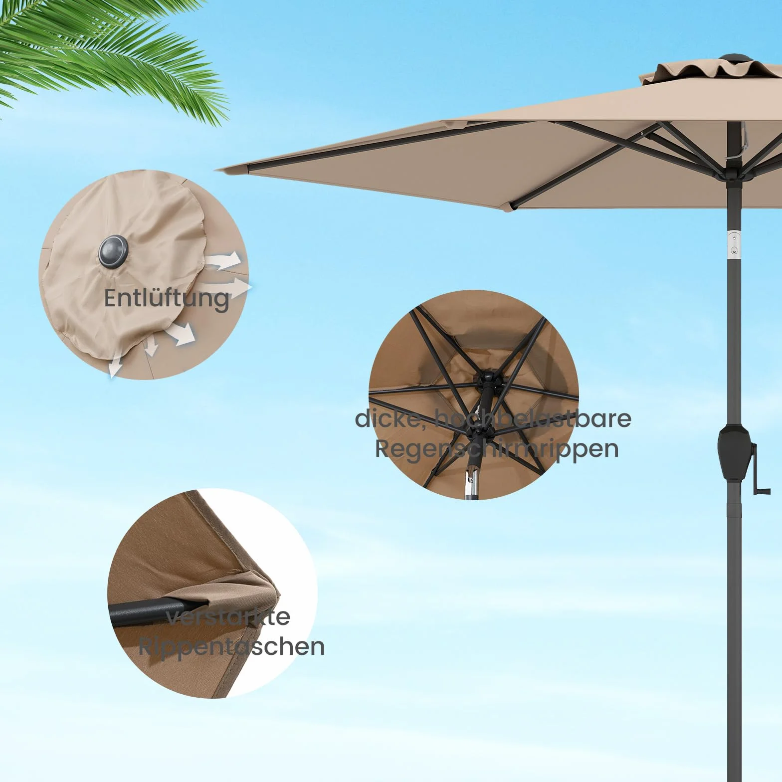 COSTWAY Parasol przeciwsłoneczny 265 cm z korbą obustronnie zginany 30° parasol tarasowy 18 żeber z włókna szklanego aluminiowy drążek