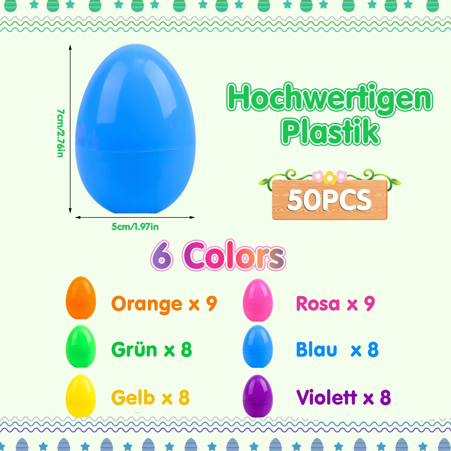 50 x jajko wielkanocne z tworzywa sztucznego, 7 x 5 cm, jajka wielkanocne do zawieszenia i dekoracji, kolorowe plastikowe jajka wielkanocne z tworzywa sztucznego, do użytku na zewnątrz i wewnątrz,