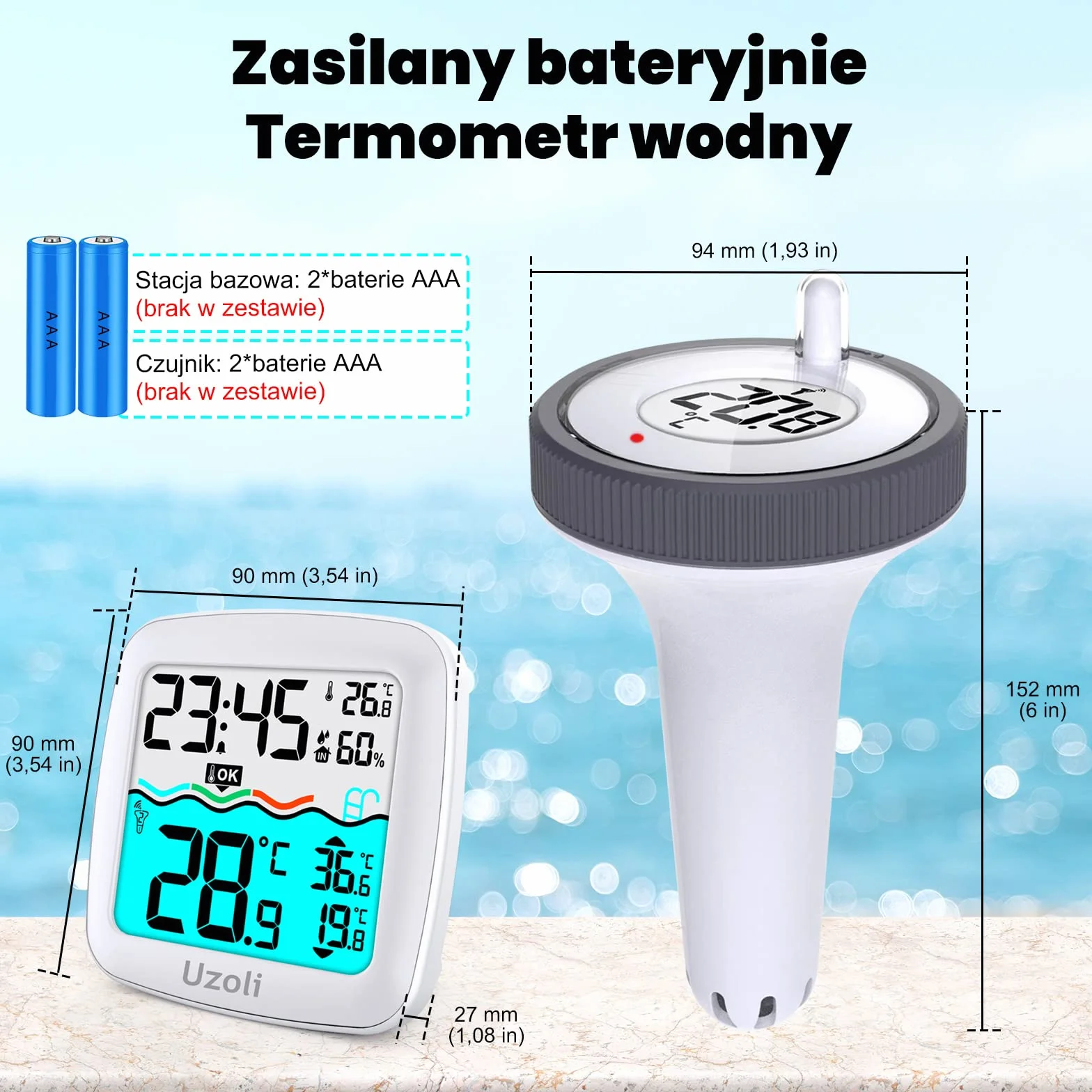 Uzoli EM3385 termometr basenowy z czujnikiem IPX7 LCD temperatura wody wewnętrzna budzik