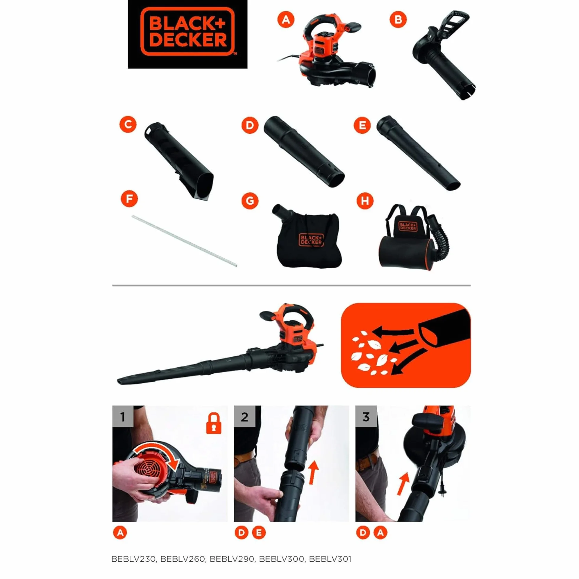 BLACK+DECKER BEBLV300-QS Elektryczny Odkurzacz do Liści 3 w 1 3000 W 72 L