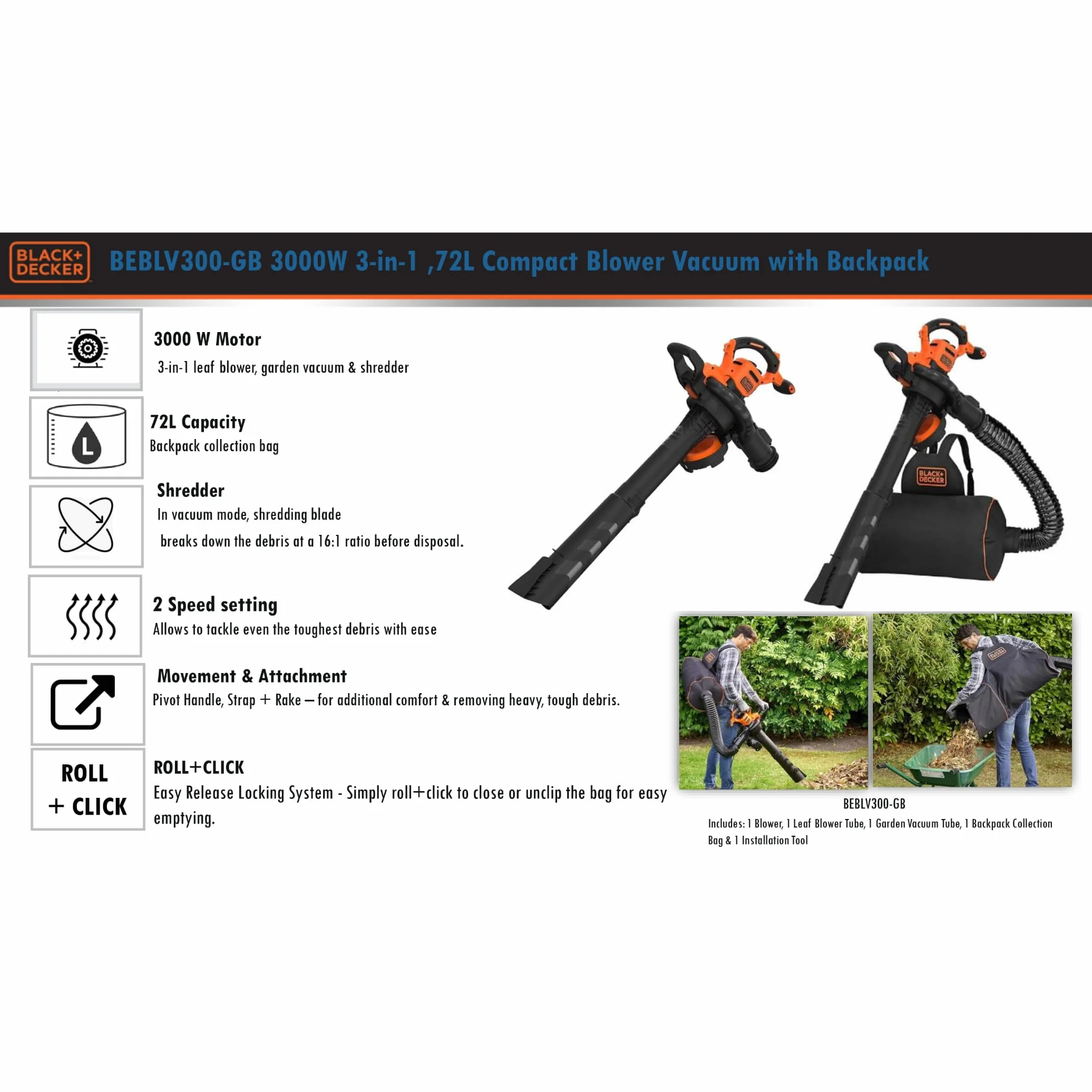 BLACK+DECKER BEBLV300-QS Elektryczny Odkurzacz do Liści 3 w 1 3000 W 72 L