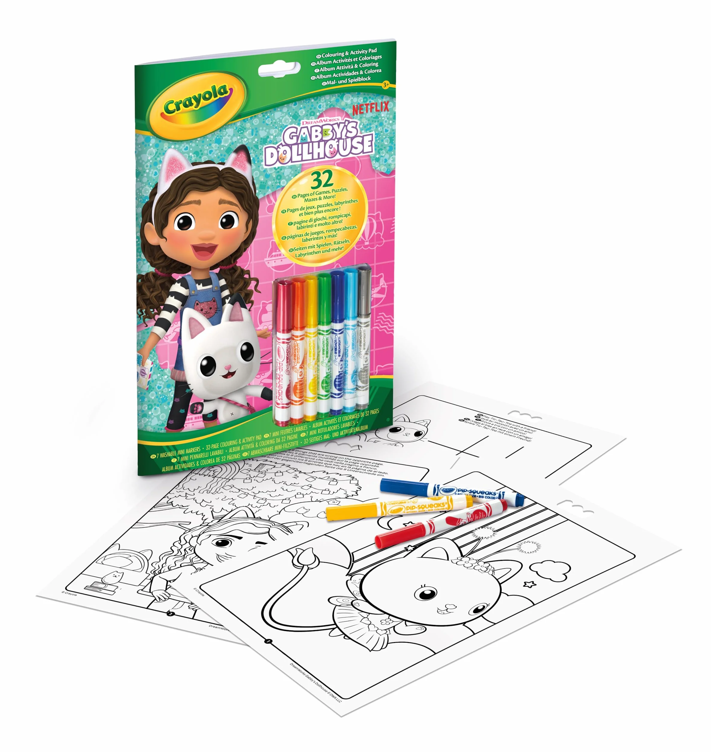 CRAYOLA - Gabby's Dollhouse Activity & Colouring Album, 32 strony do kolorowania i 7 mini zmywalnych markerów, 04-7024G
