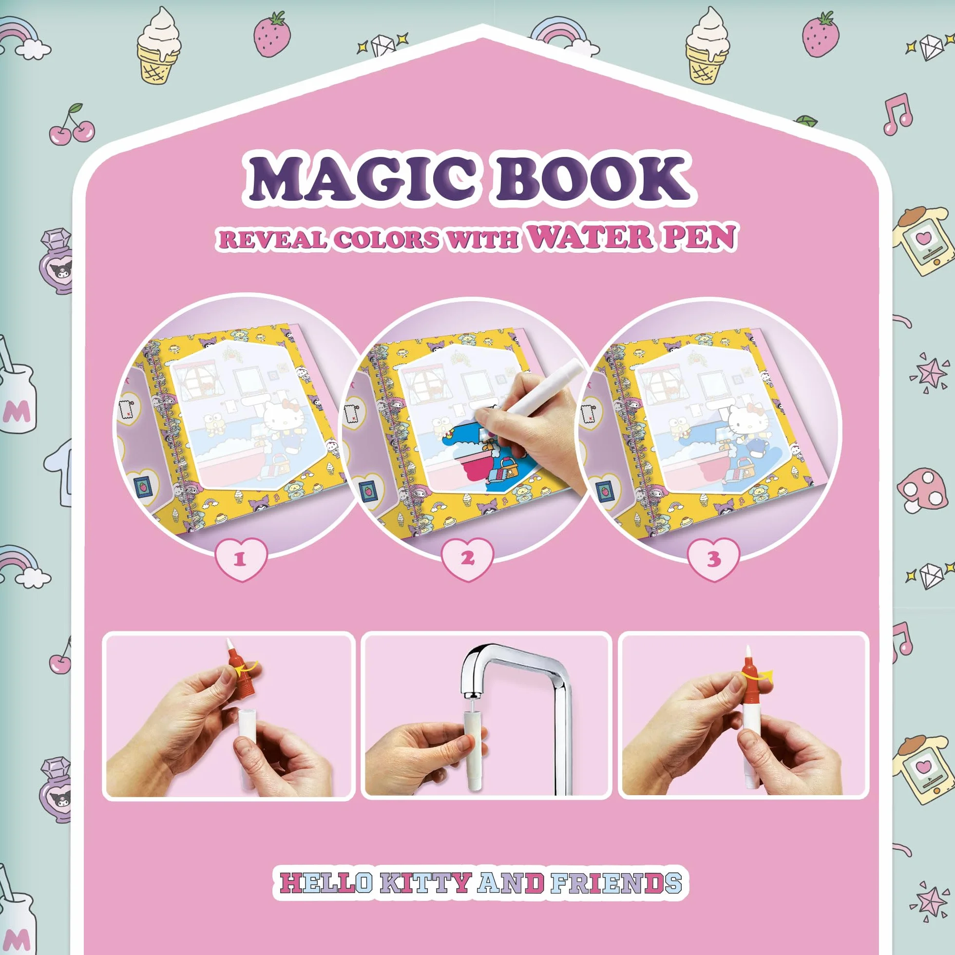 Lisciani - Hello Kitty and Friends - magiczna książka wodna wielokrotnego użytku dla dzieci od 3 lat – zabawka edukacyjna z 12 stronami i pisakiem wodnym – kreatywna książka o zajęciach bez brudu