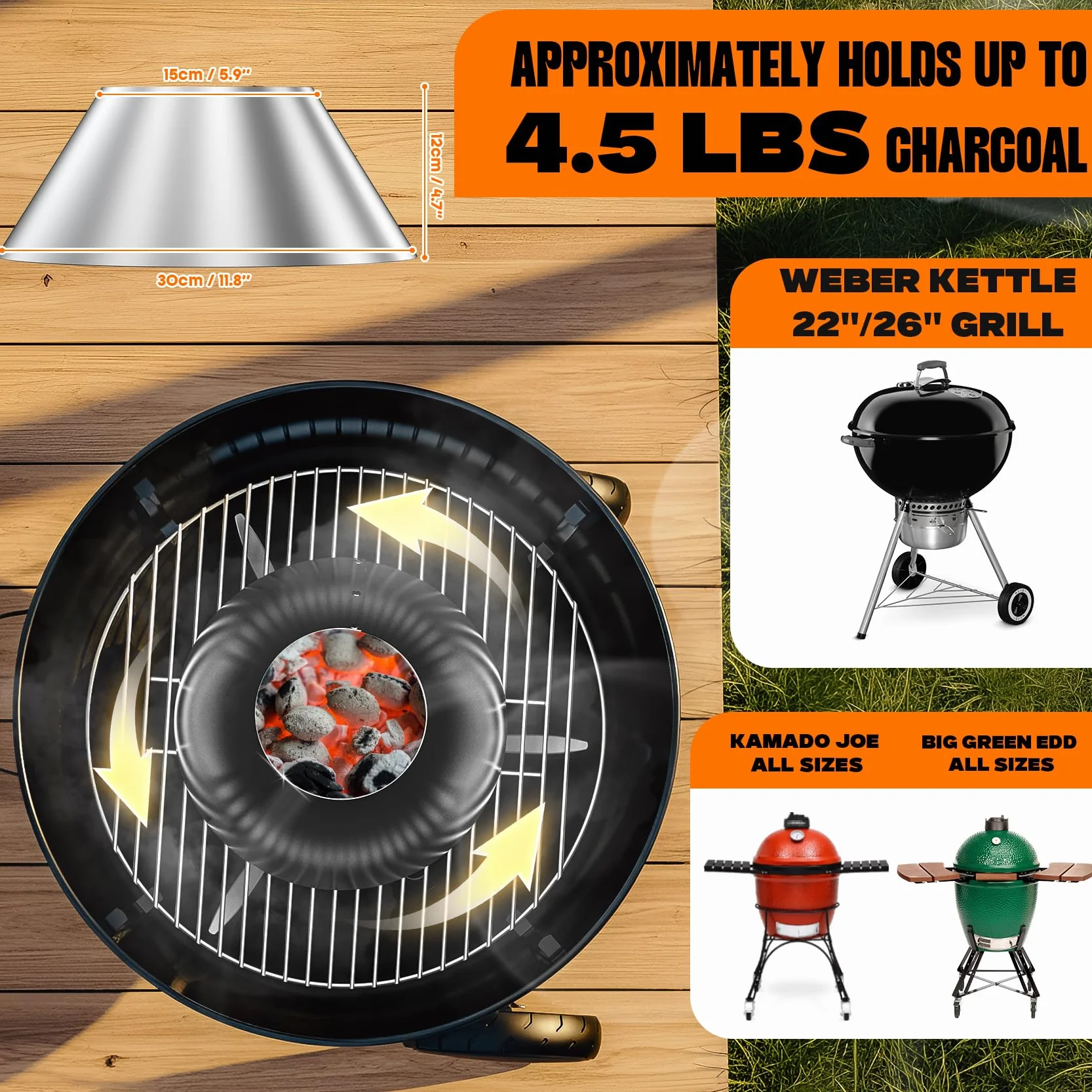 Onlyfire BBQ kosz na węgiel ze stali nierdzewnej do Weber grill 47 cm / 57 cm / 67 cm