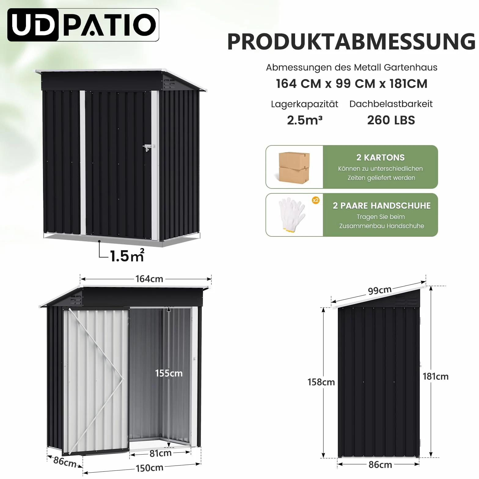 UDPATIO Metalowy domek ogrodowy 1,5 m² 162 x 92 x 180 cm szopa na narzędzia stal ocynkowana zamykane drzwi