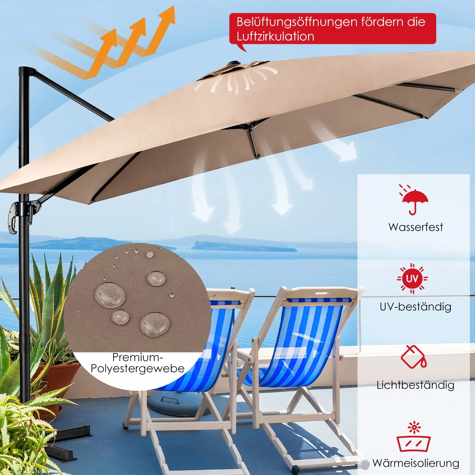 COSTWAY Parasol ogrodowy kwadratowy 300 x 300 cm z korbą obracany 360°