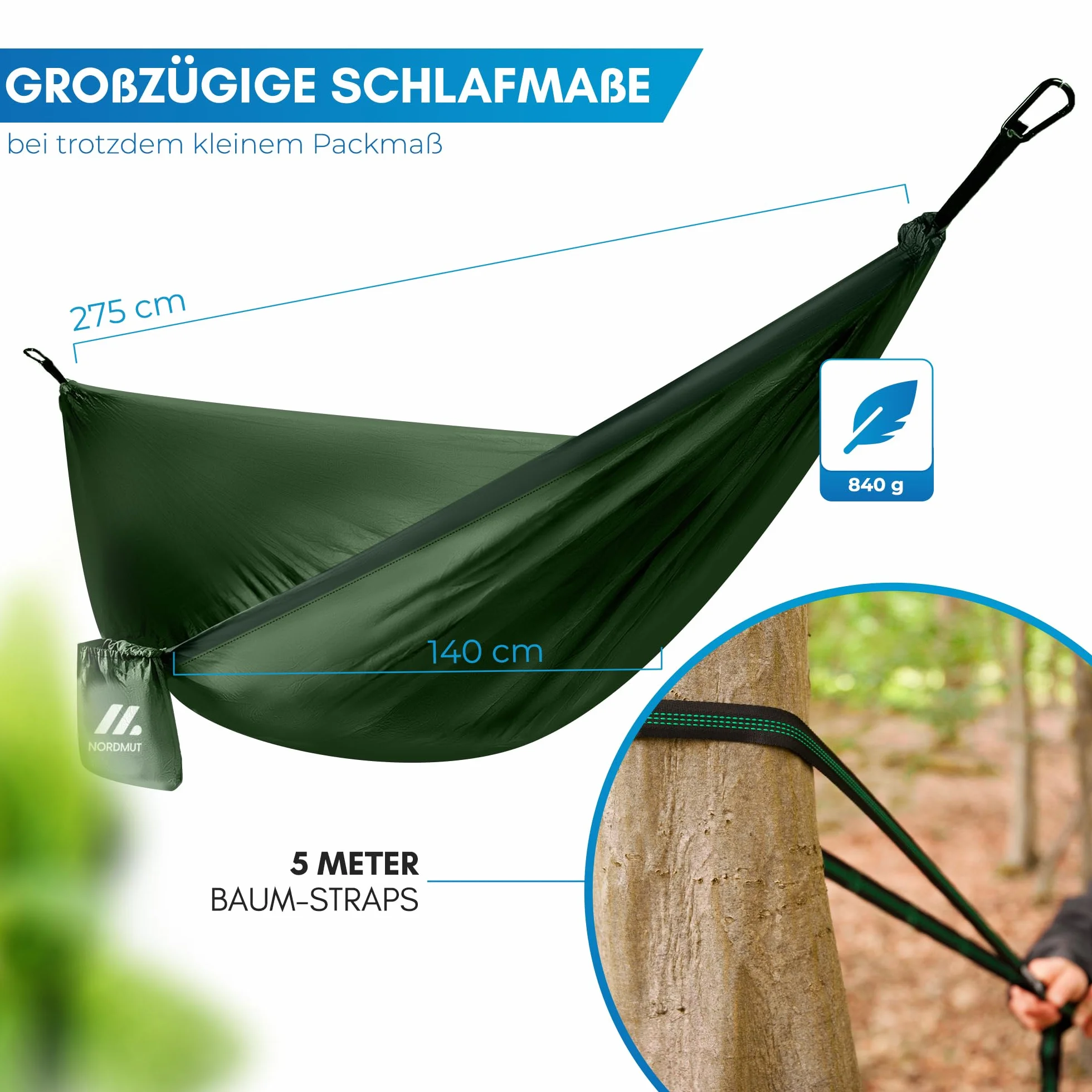 NORDMUT Hamak Outdoor z Zestawem Montażowym 300 kg 140 x 275 cm Zielony