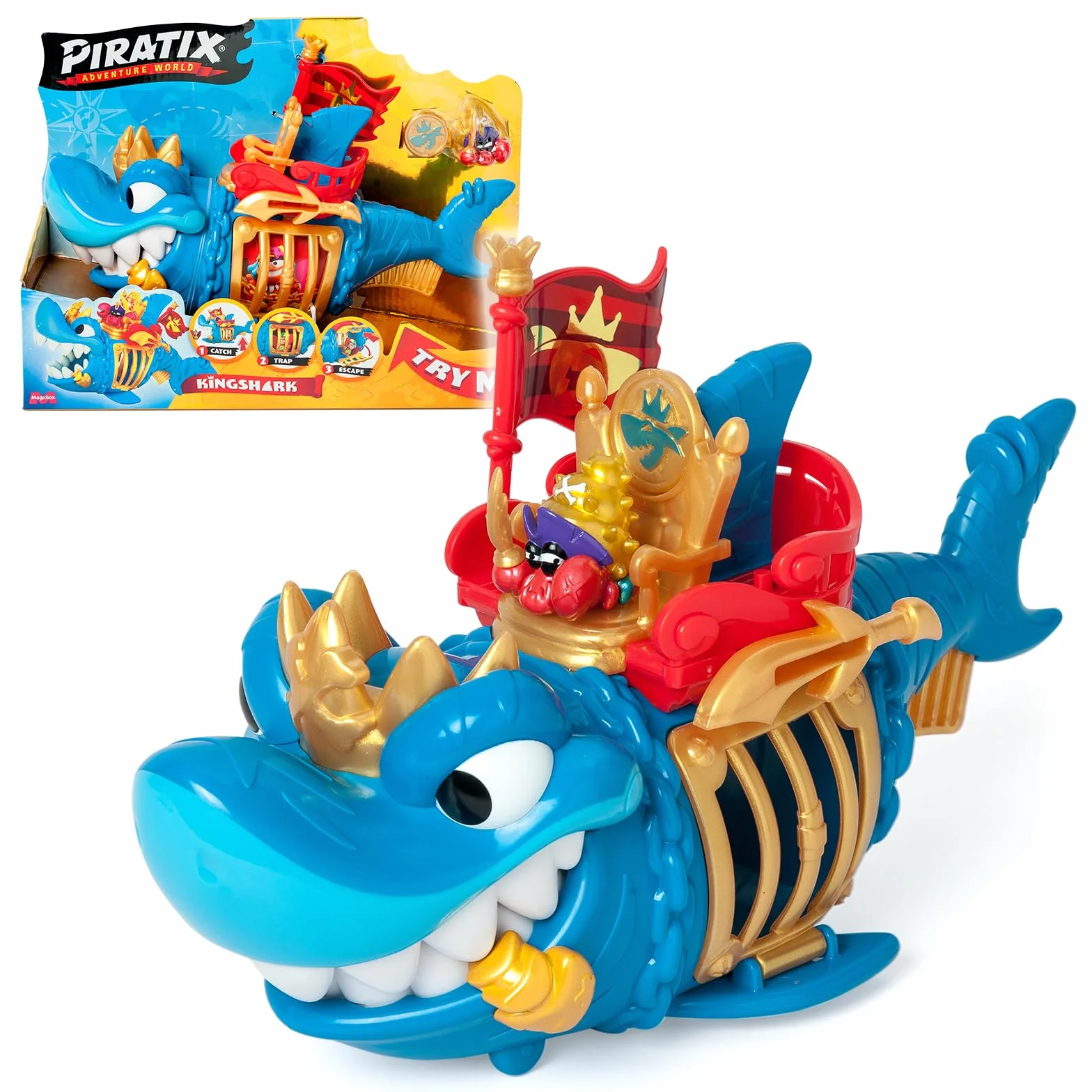PIRATIX ADVENTURE WORLD King Shark– Przegubowy rekin, z klatką, aby schwytać rywali Piratix. Zawiera 1 rekin, 1 ekskluzywny skarb, 1 ekskluzywny Piratix i 1 akcesorium