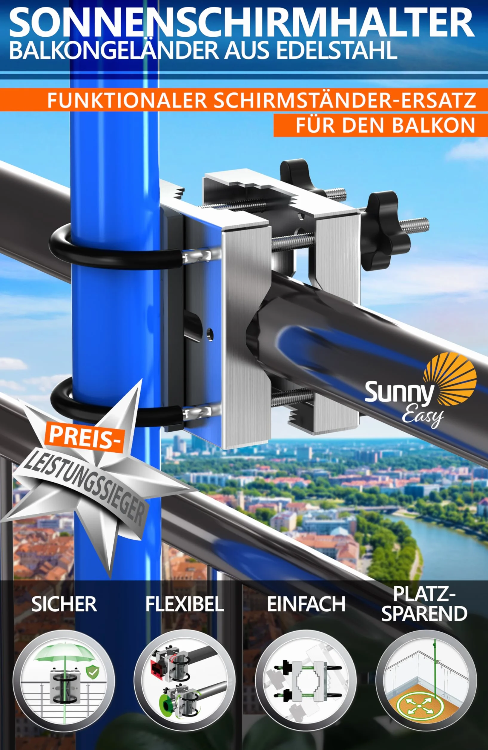 4smile Uchwyt na parasol przeciwsłoneczny ze stali nierdzewnej do balustrad balkonowych - elastycznie montowany