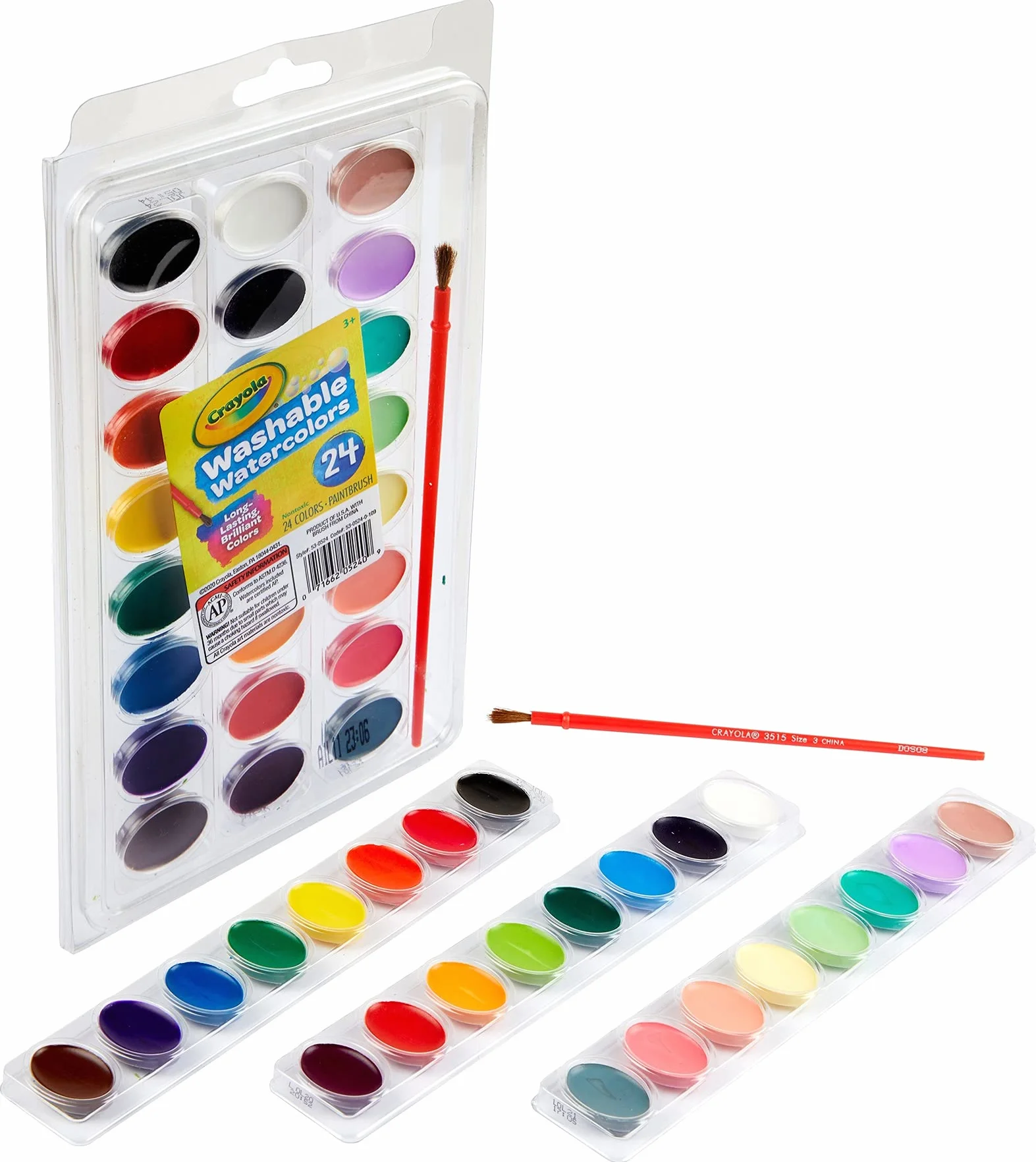 CRAYOLA - Zmywalne farby akwarelowe z pędzelkiem dla dzieci, 24 różne odcienie, zestaw do spędzania wolnego czasu, 53-0524