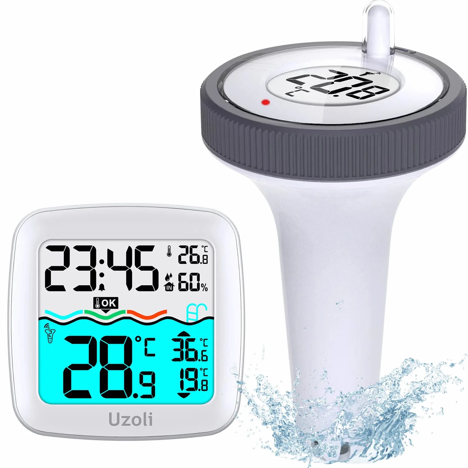 Uzoli EM3385 termometr basenowy z czujnikiem IPX7 LCD temperatura wody wewnętrzna budzik