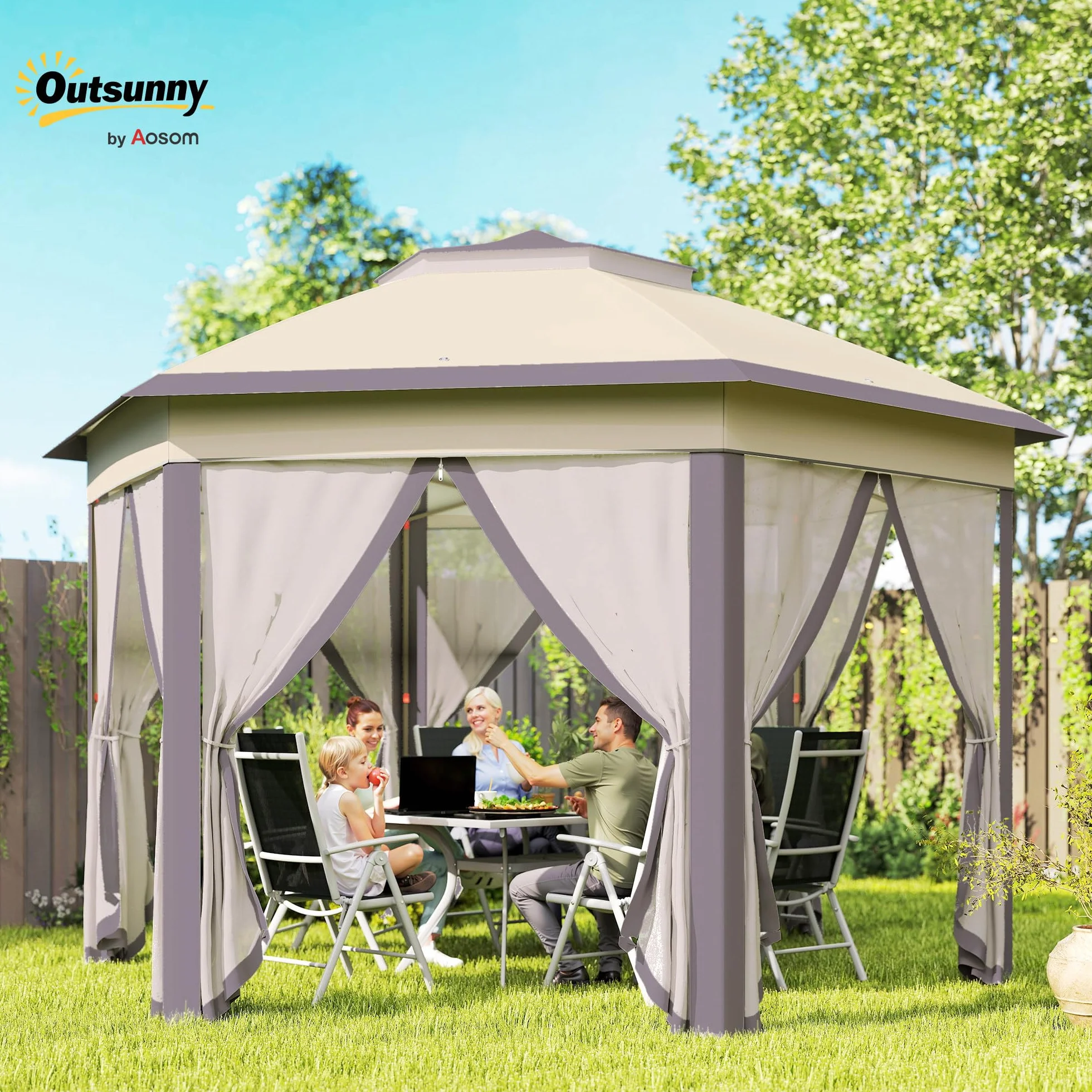 Outsunny Pawilon ogrodowy składany 4x4 m namiot pop-up imprezowy sześciokątny beżowy