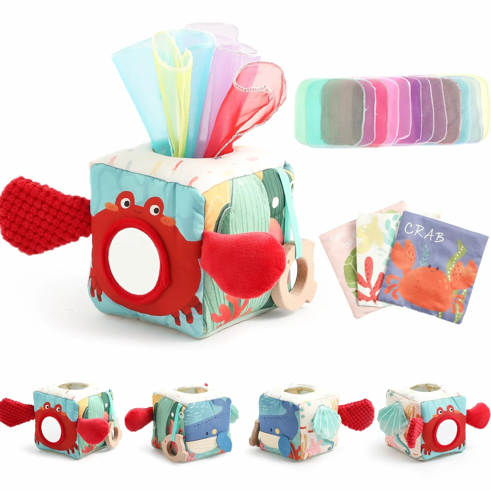 WOODEN TEETHER Zabawka pudełko chusteczek dla dzieci 6-12 miesięcy Montessori zabawka sensoryczna, wspiera sensorykę i motorykę, z lustrami, kolorami, teksturami, dźwiękami, zabawka edukacyjna dla