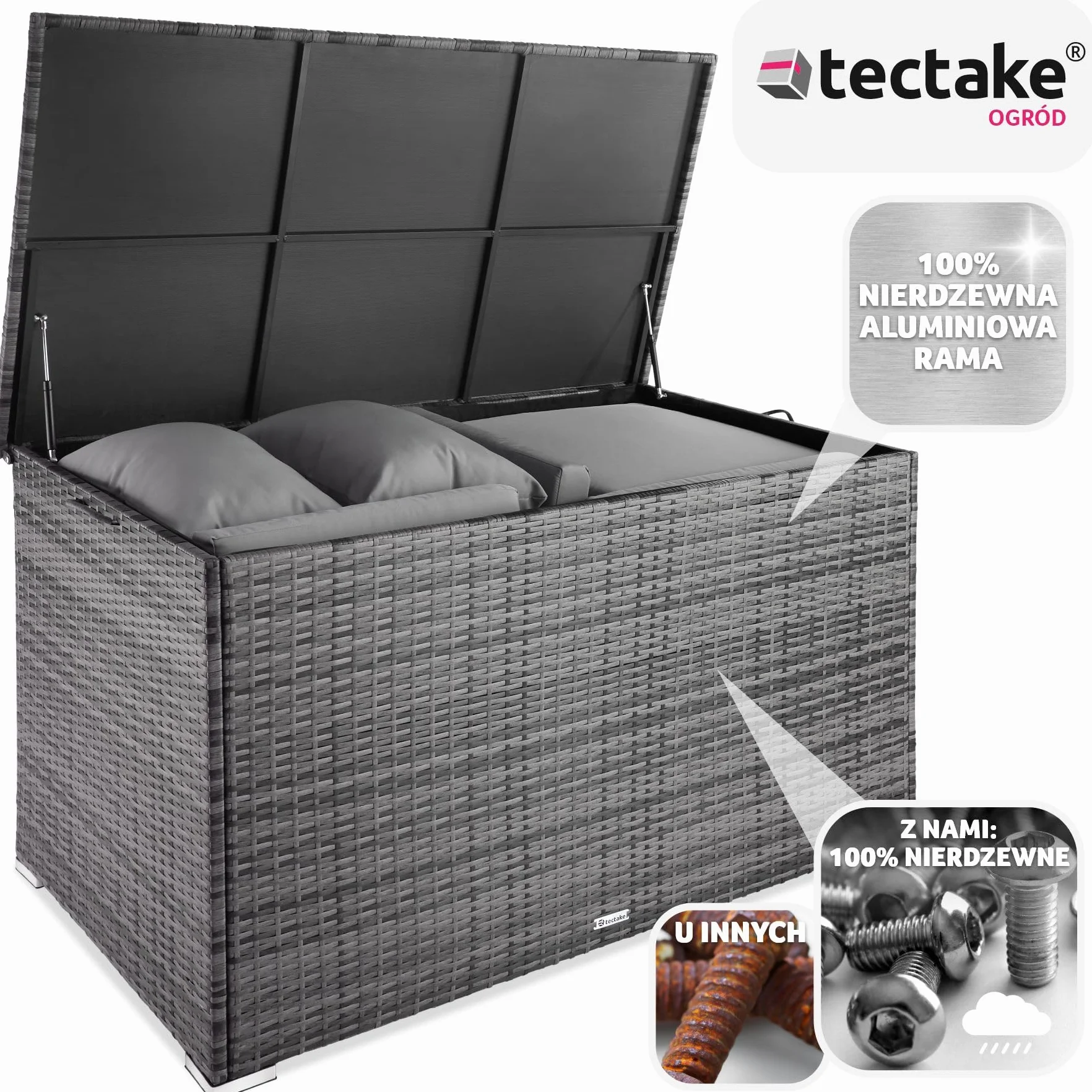tectake Skrzynia Ogrodowa z Technorattanu 750 litrów 145 x 82,5 x 79,5 cm Szary