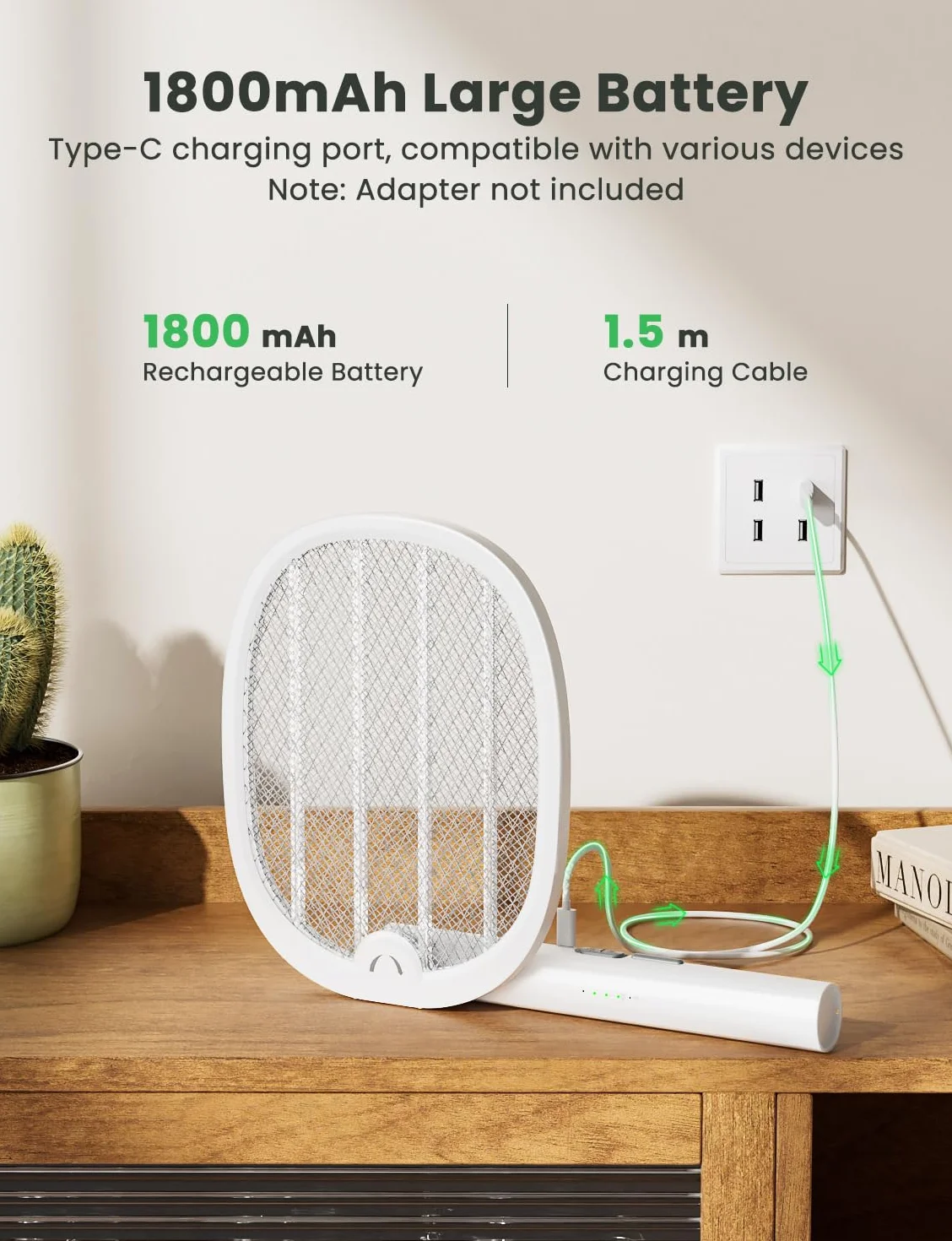 YISSVIC Elektryczna łapka na muchy 4000 V 1800 mAh 2 w 1 USB-C składana z światłem UV