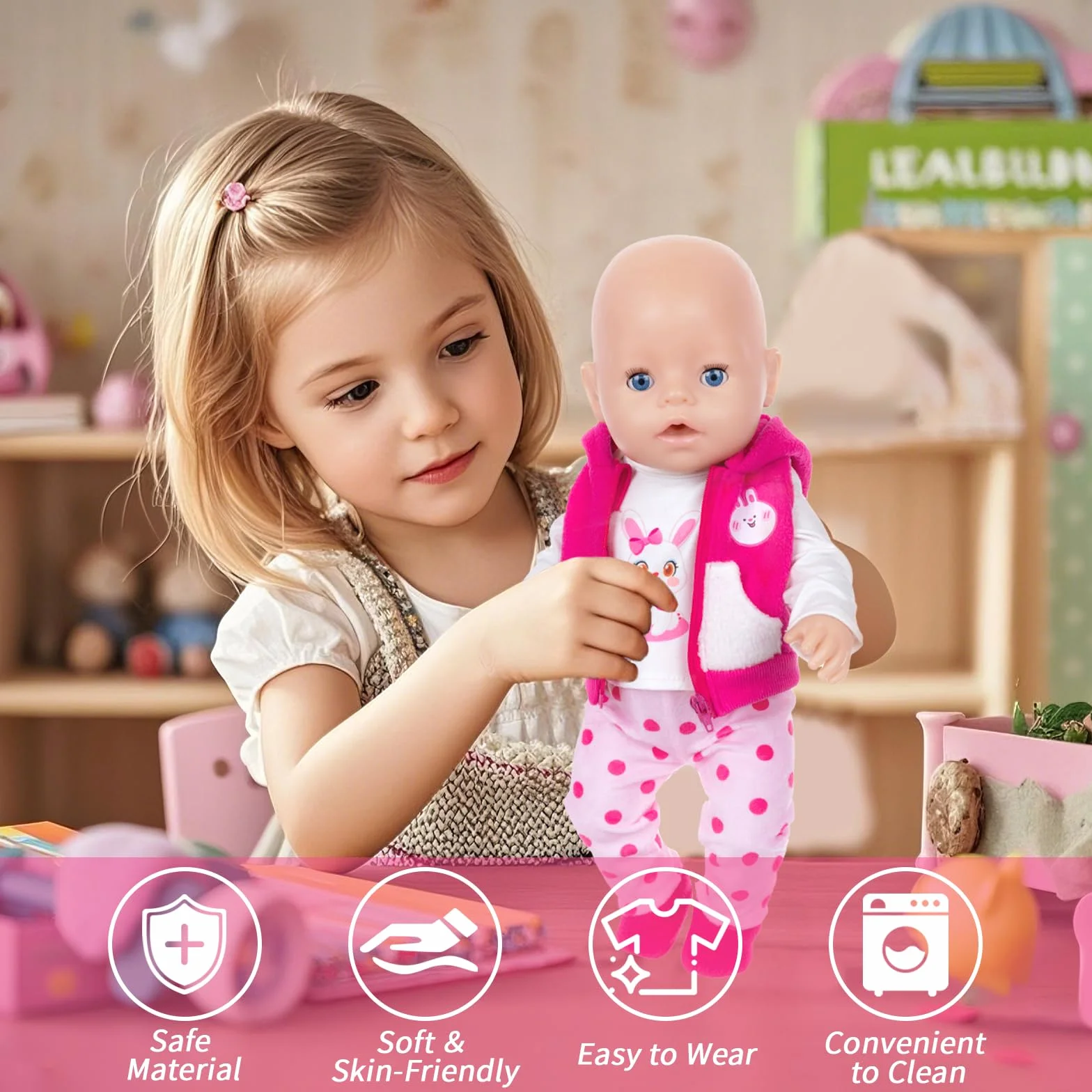 Ubrania dla lalek kompatybilne z 35-43 cm New Born Baby Lalki, Rose Królik Baby Odzież z bluzką Kamizelka Spodnie Skarpetki, Akcesoria dla lalek dla niemowląt 14-17 cali