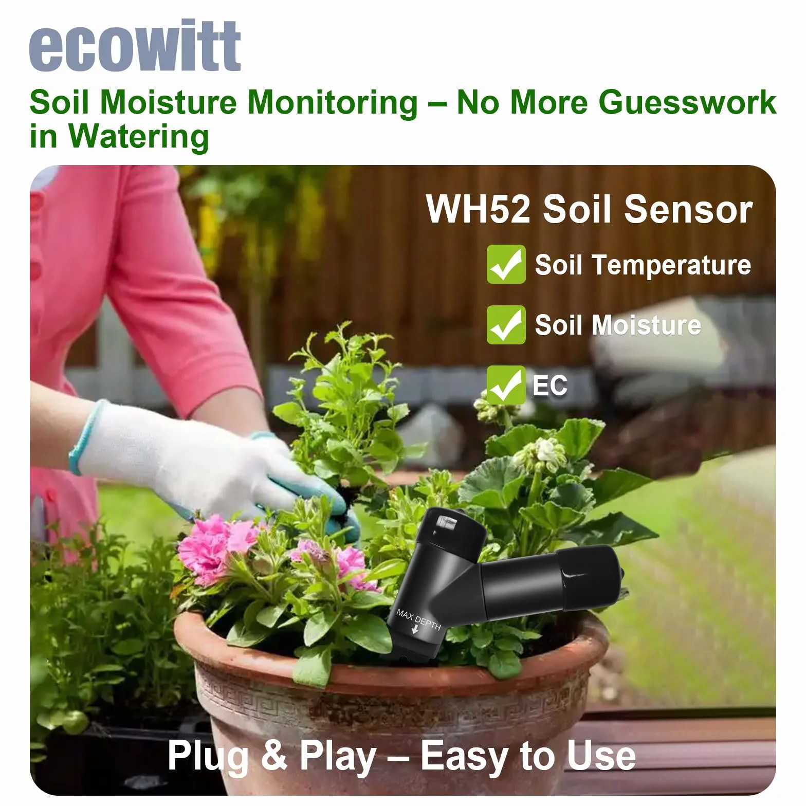 ECOWITT WH52 16-kanałowy czujnik wilgotności gleby 3 w 1 z EC i miernikiem temperatury powietrza, zestaw 4 szt