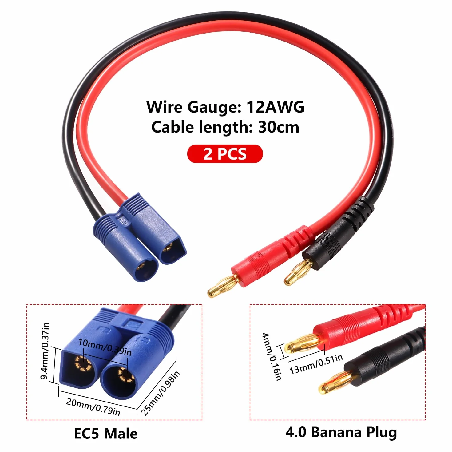 YIXISI 2 Sztuk EC5 do 4.0 Wtyczki Bananowej RC Battery Charge Cable, Złącze EC5 do 4.0 mm Wtyczki Bananowej z 30 cm 12AWG Silicone Cable, do Akumulatorów RC Helicopter Quadcopter Lipo