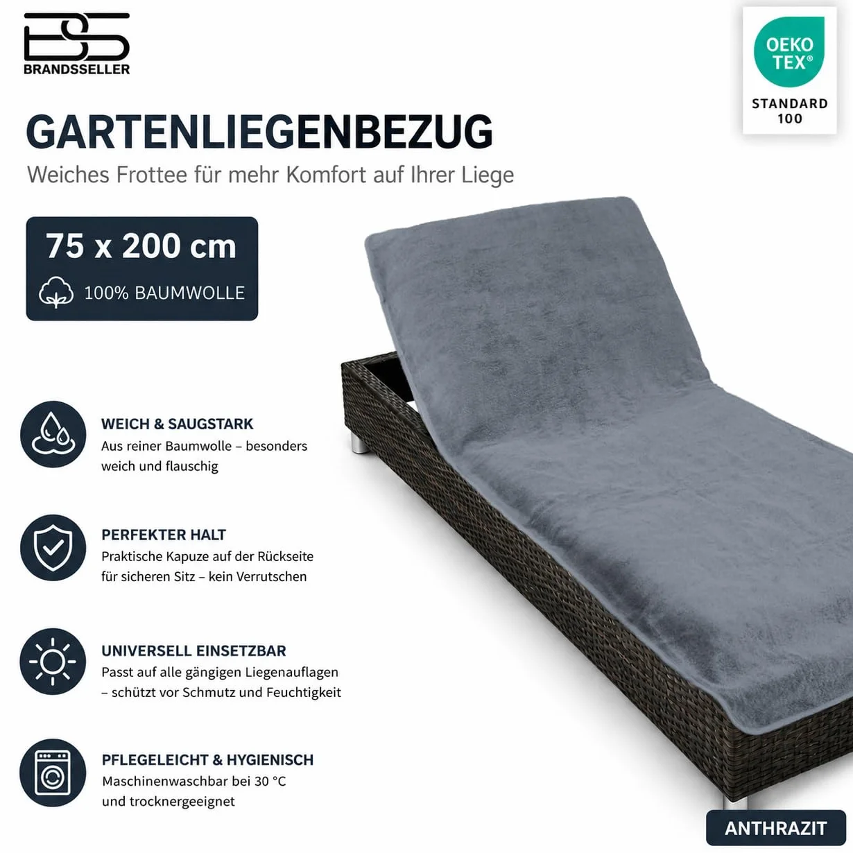 Brandsseller Pokrowiec ochronny na leżak ogrodowy 75 x 200 cm szary