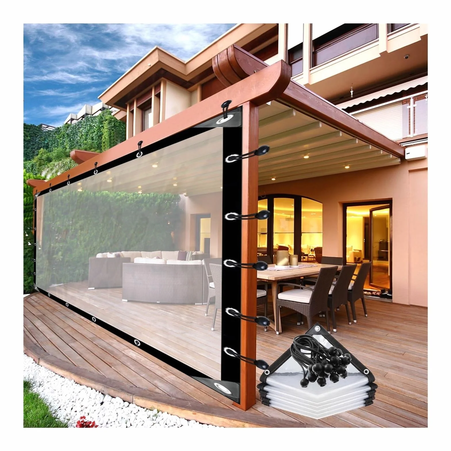 Przezroczyste Zasłony Pergola Wodoodporne Panele Boczne Z Oczkami Plandeka Z Tworzywa Sztucznego 9.84x8.2ft