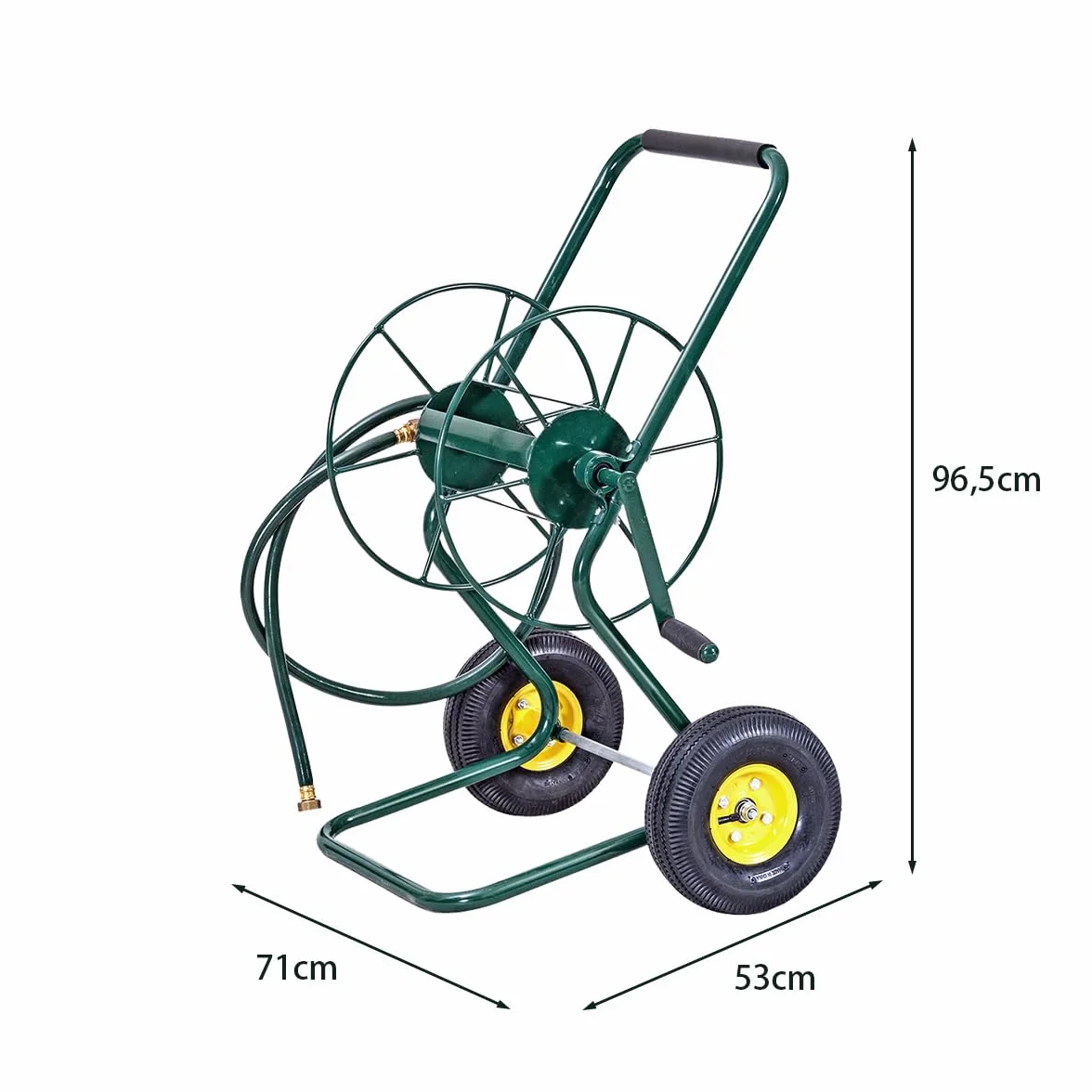 GOPLUS Metalowy wózek na wąż ogrodowy 3/4" do 61 m, bęben z gumowymi kółkami, 71 x 53 x 96,5 cm, zielony
