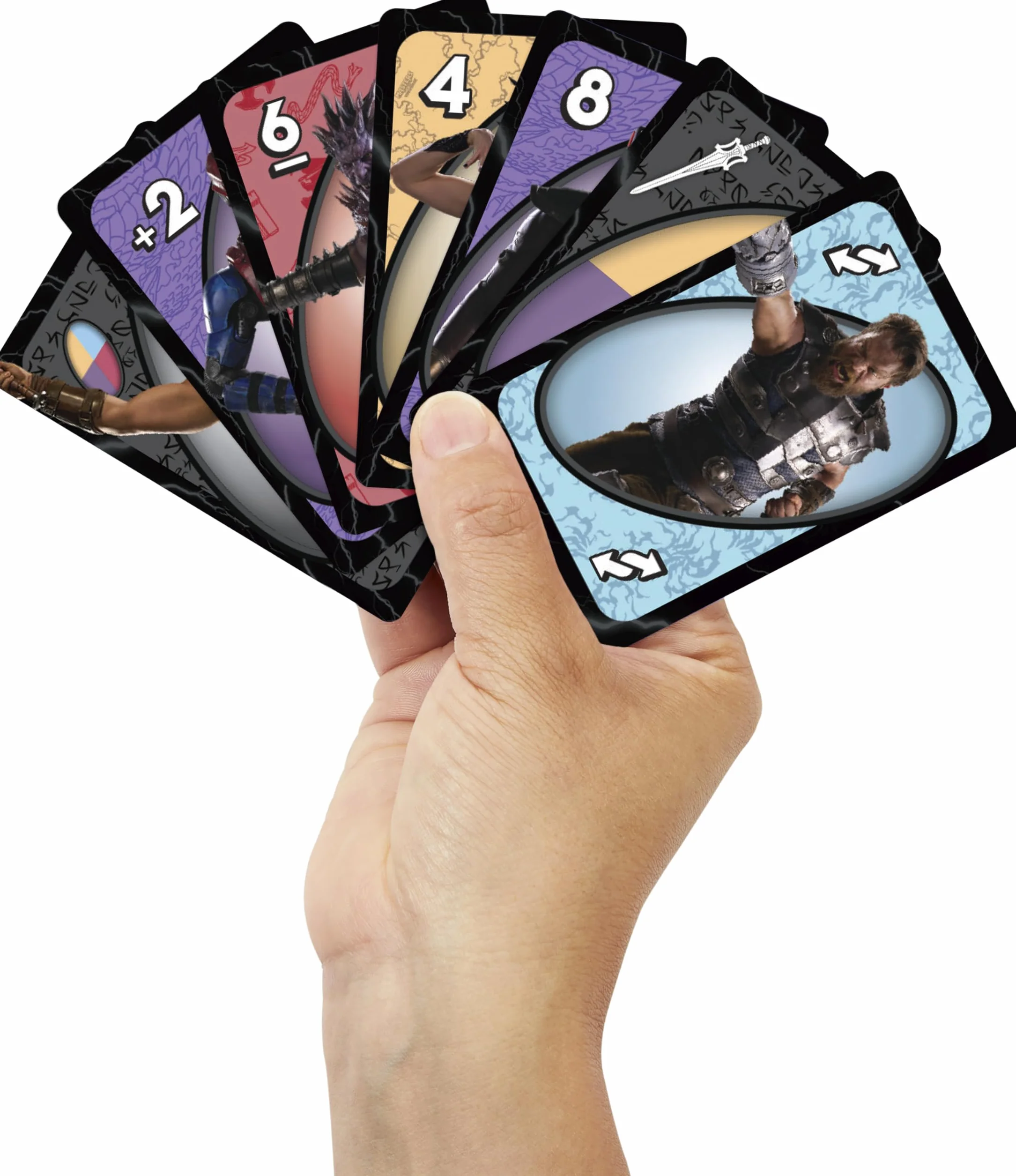 Mattel Games UNO Masters of the Universe, specjalna wersja w kolekcjonerskim pudełku z postaciami inspirowanymi filmem MOTU, specjalna karta Miecz Mocy, 7 lat, JNP53