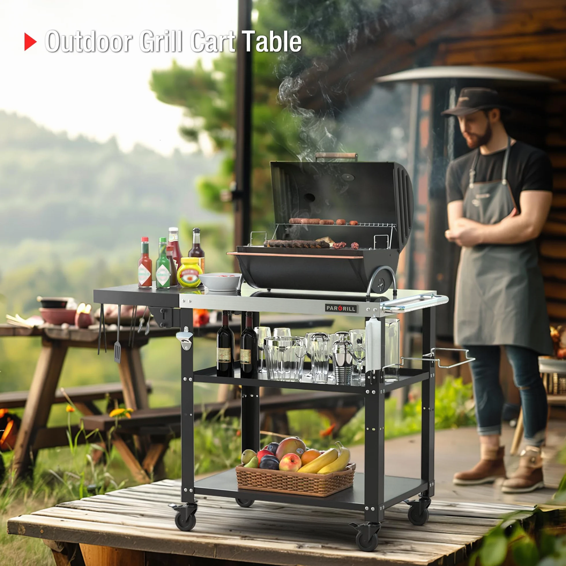 PARGRILL Wózek Grillowy Mobilny 3 Poziomy Składany Stolik Boczny Kółka Obrotowe 360° Hamulec Stół Ogrodowy Stal Nierdzewna BBQ