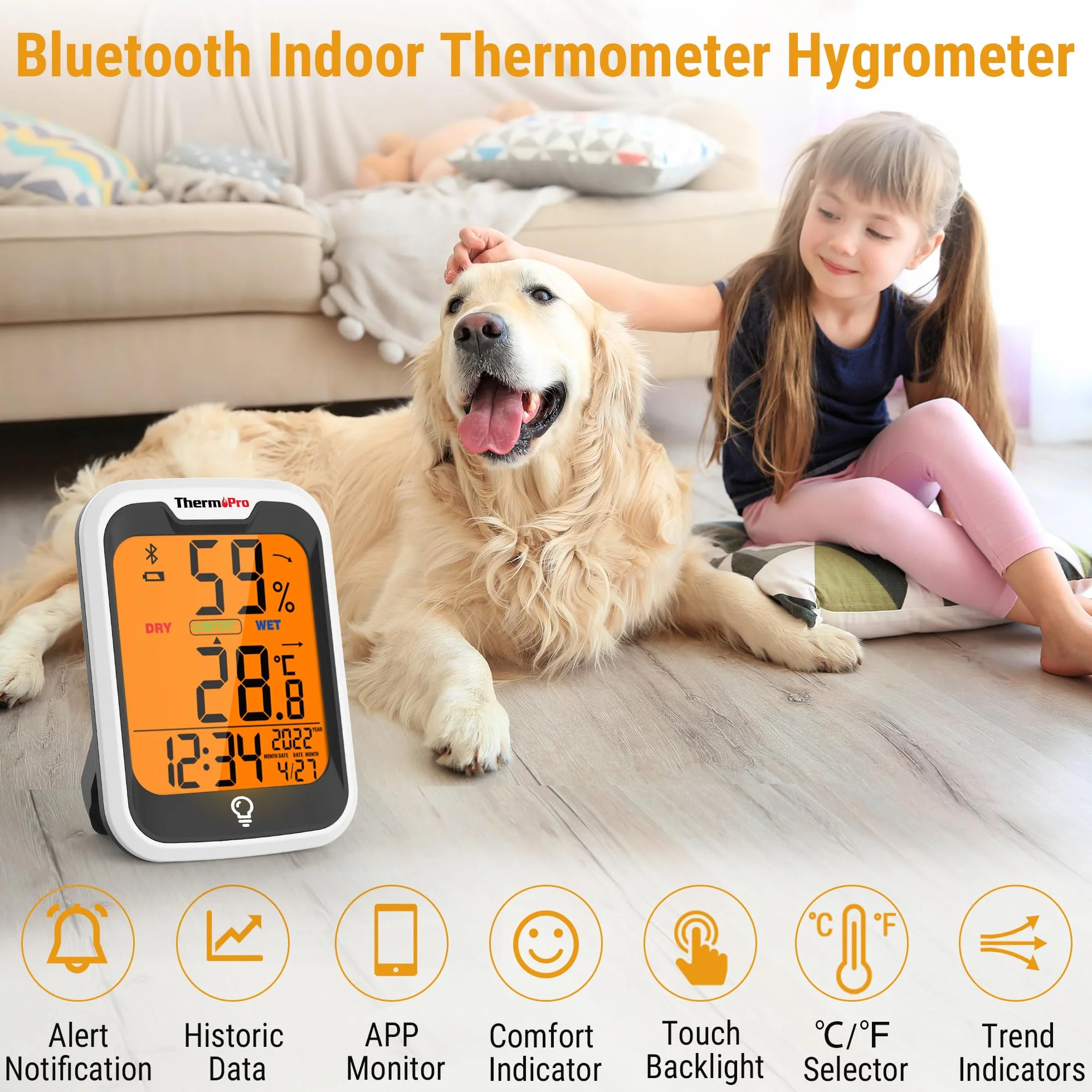 ThermoPro TempPro Termometr pokojowy z higrometrem Bluetooth dokładność 0,2℃ lampka nocna