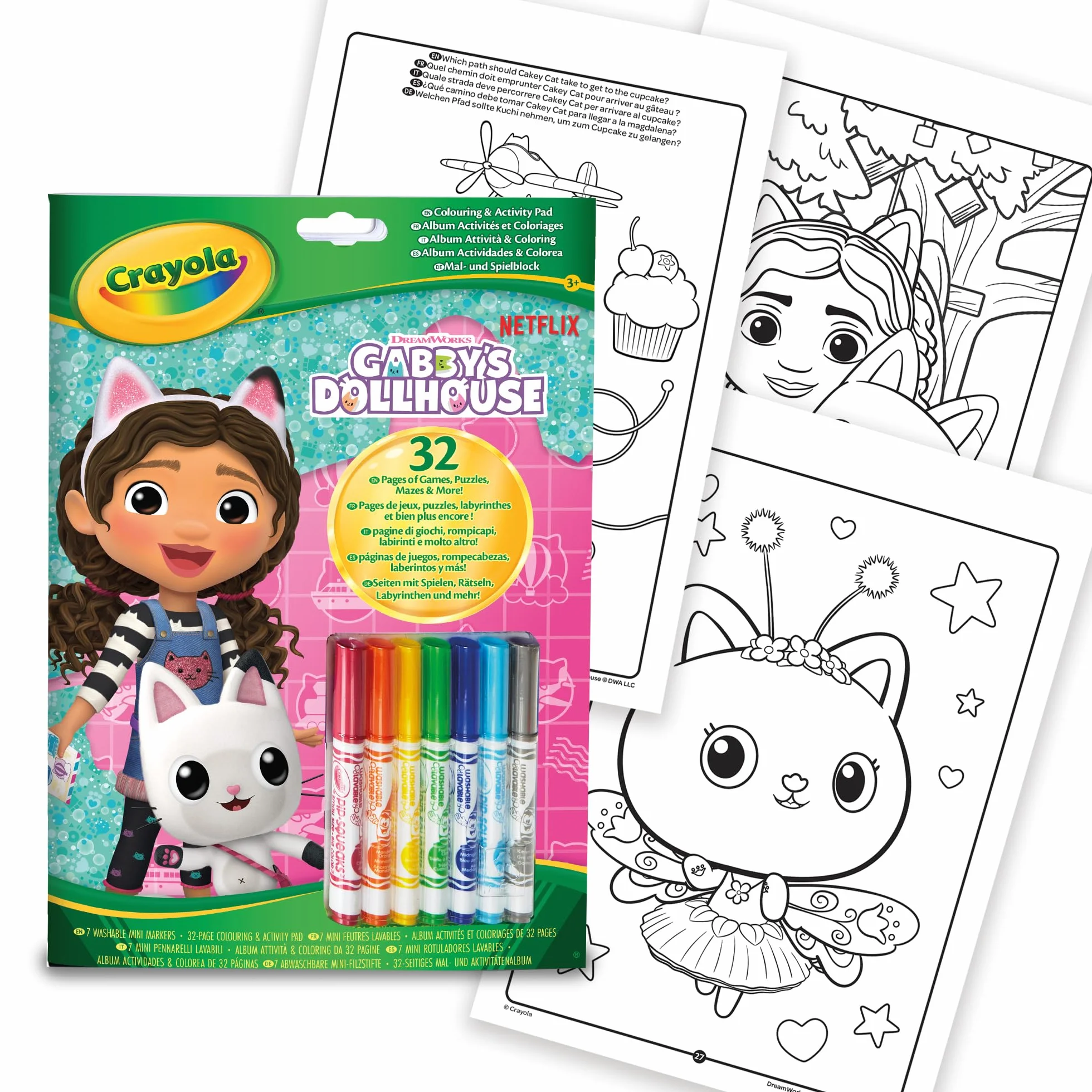 CRAYOLA - Gabby's Dollhouse Activity & Colouring Album, 32 strony do kolorowania i 7 mini zmywalnych markerów, 04-7024G