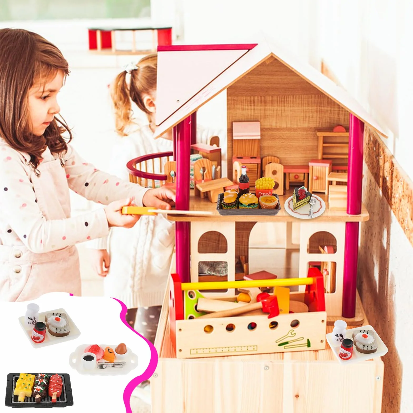 Cobee Miniaturowe jedzenie i napoje, 50-częściowy zestaw 1:12 do domku dla lalek, miniaturowe akcesoria do domku dla lalek, miniaturowe jedzenie do domku dla lalek, akcesoria do lalek, zabawkowe