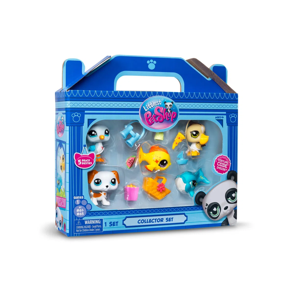 Littlest Pet Shop BANDAI Collectors 5-pak najlepszych zabawek plażowych, zestaw zawiera 5 mini zabawek LPS dla zwierząt domowych, 7 akcesoriów, 1 kartę kolekcjonerską i 1 wirtualny kod, zabawki