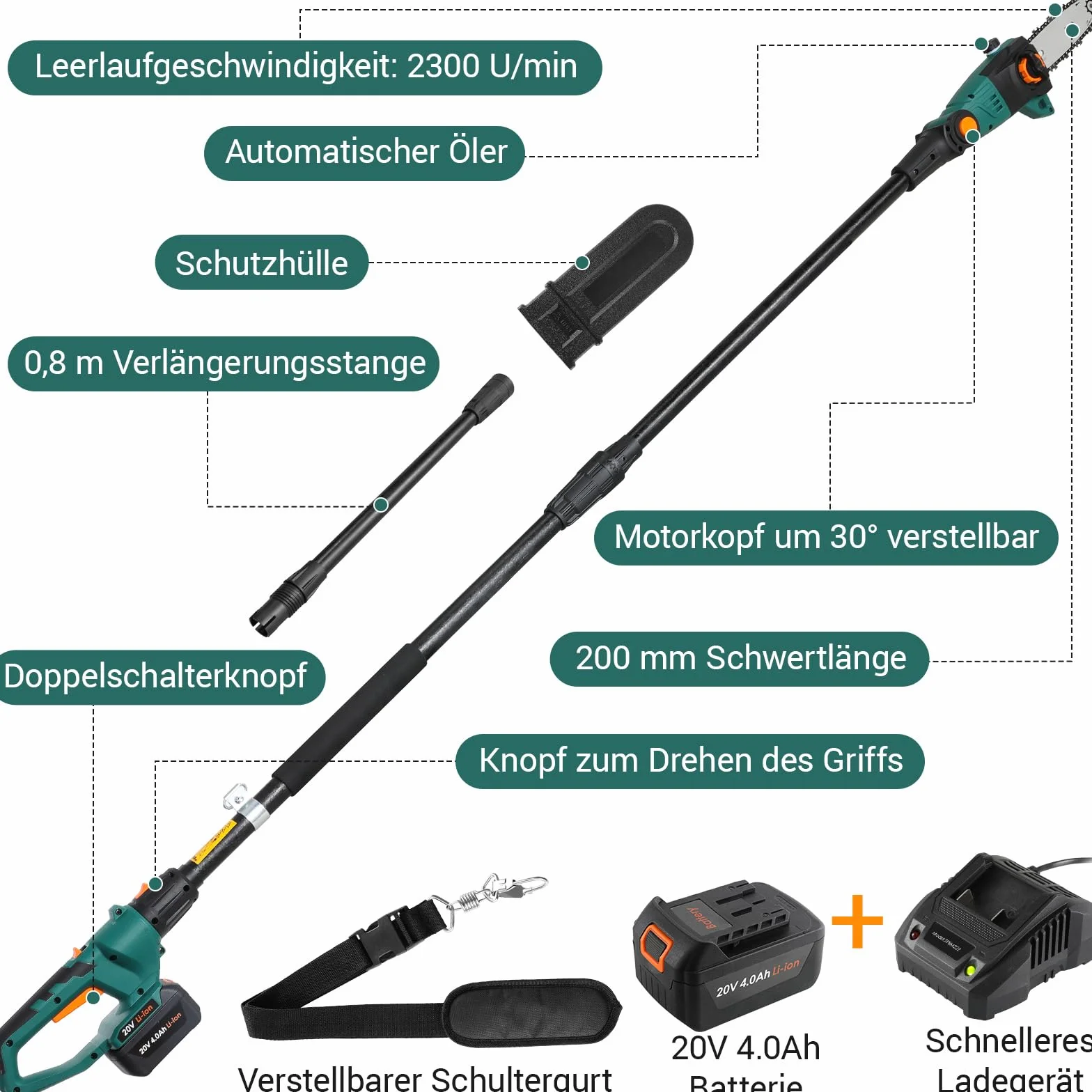 TLGREEN Sekator Akumulatorowy 20V 4,0Ah Litowo-Jonowy, 24 cm Ostrze, 5 m/s Łańcuch, Ładowarka
