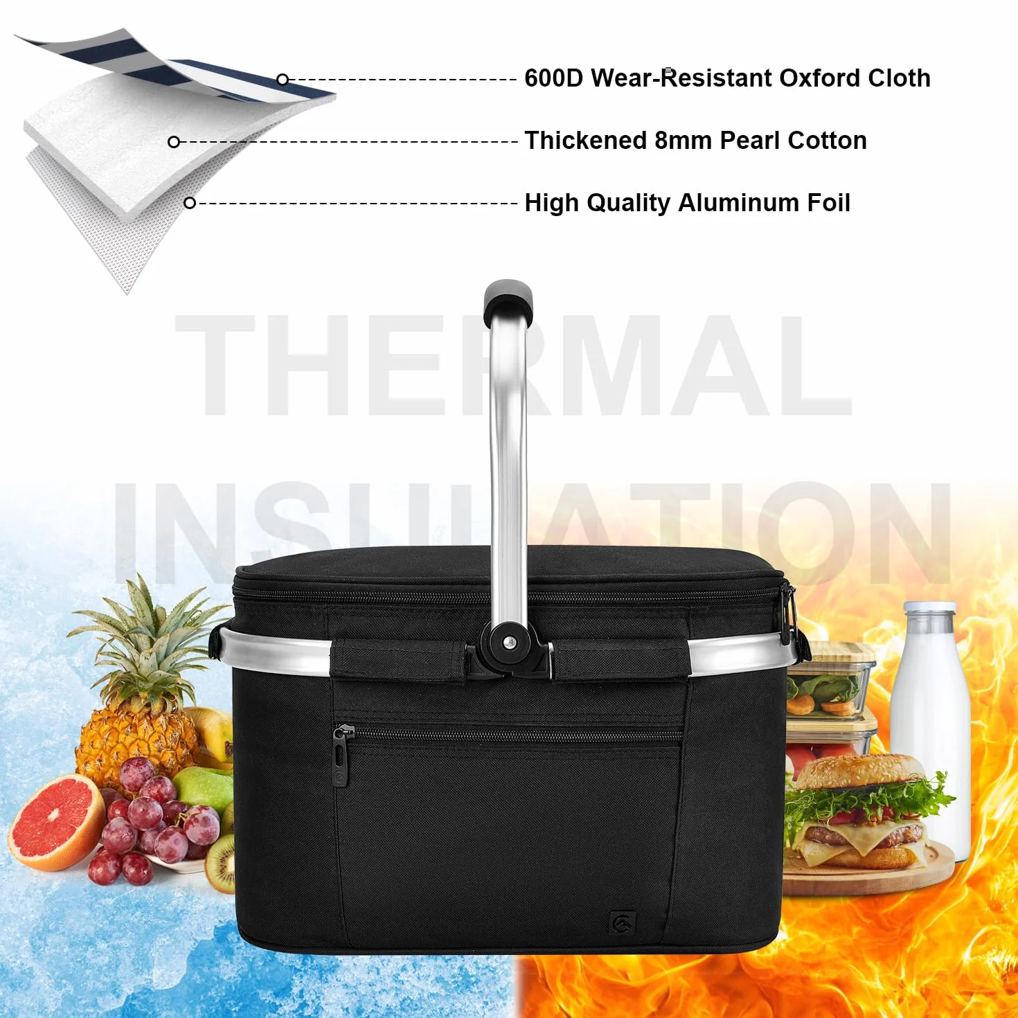 ALLCAMP Cool Bag Izolowany Kosz na Zakupy z Pokrywką Chłodziarka Ice Box Wyjmowany Kosz Piknikowy Dla 4 Osób Gruby Termiczny Kosz z Aluminiową Ramą czarny