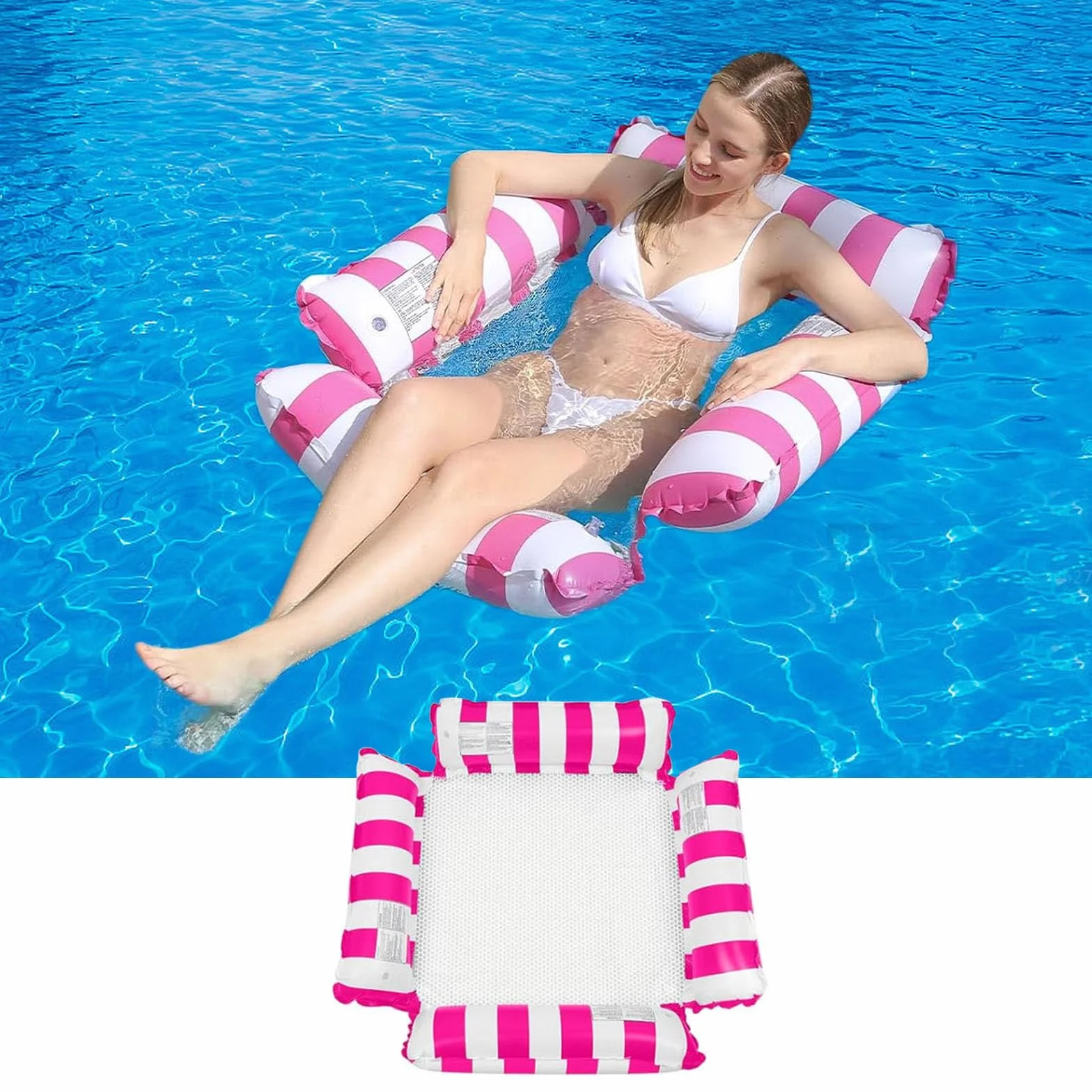 Hamak wodny z siatką – wersja z grubego PCW, udźwig 100 kg, hamak 4 w 1, do basenu i na basen, w zestawie pompka ręczna (123 x 120 cm, różowy)