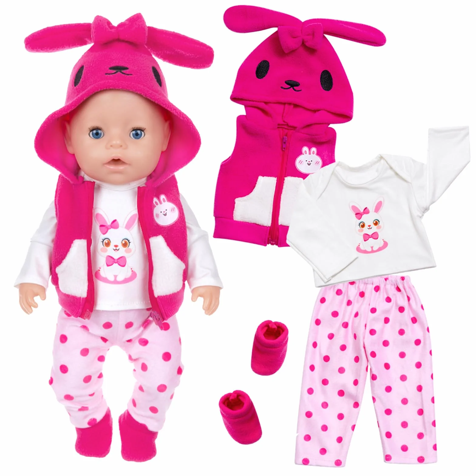 Ubrania dla lalek kompatybilne z 35-43 cm New Born Baby Lalki, Rose Królik Baby Odzież z bluzką Kamizelka Spodnie Skarpetki, Akcesoria dla lalek dla niemowląt 14-17 cali