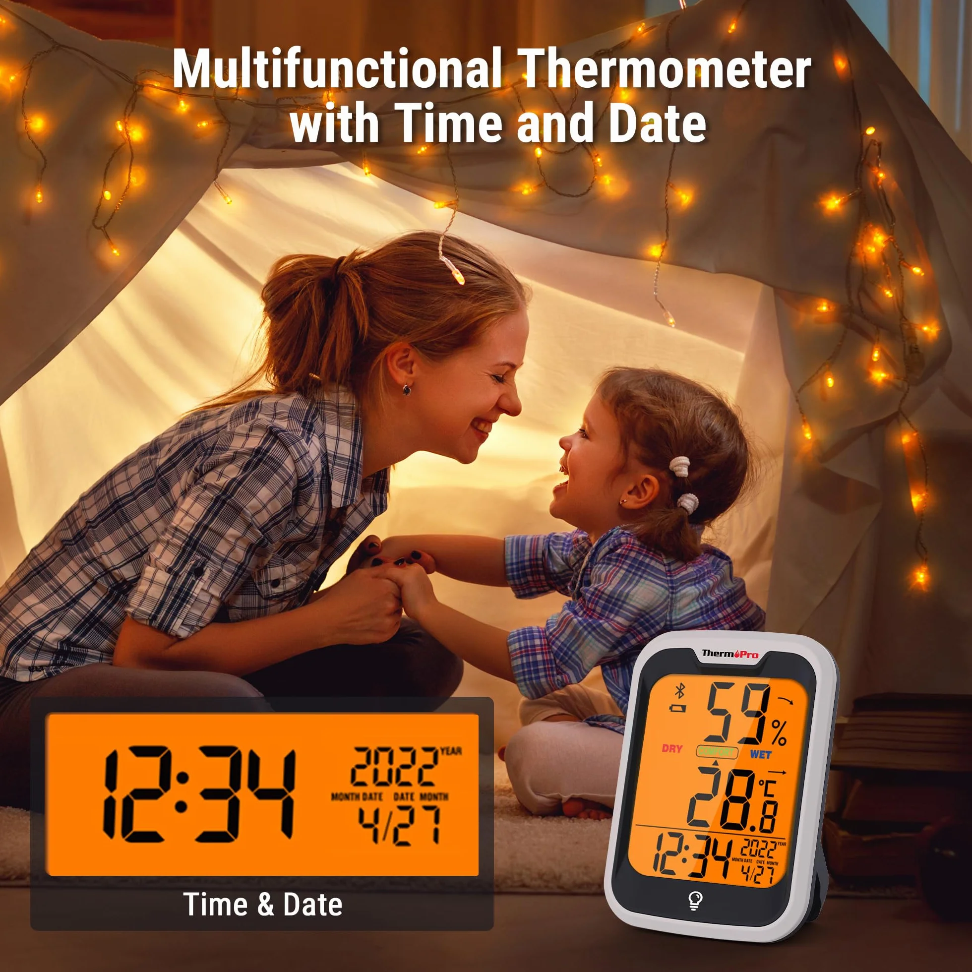 ThermoPro TempPro Termometr pokojowy z higrometrem Bluetooth dokładność 0,2℃ lampka nocna