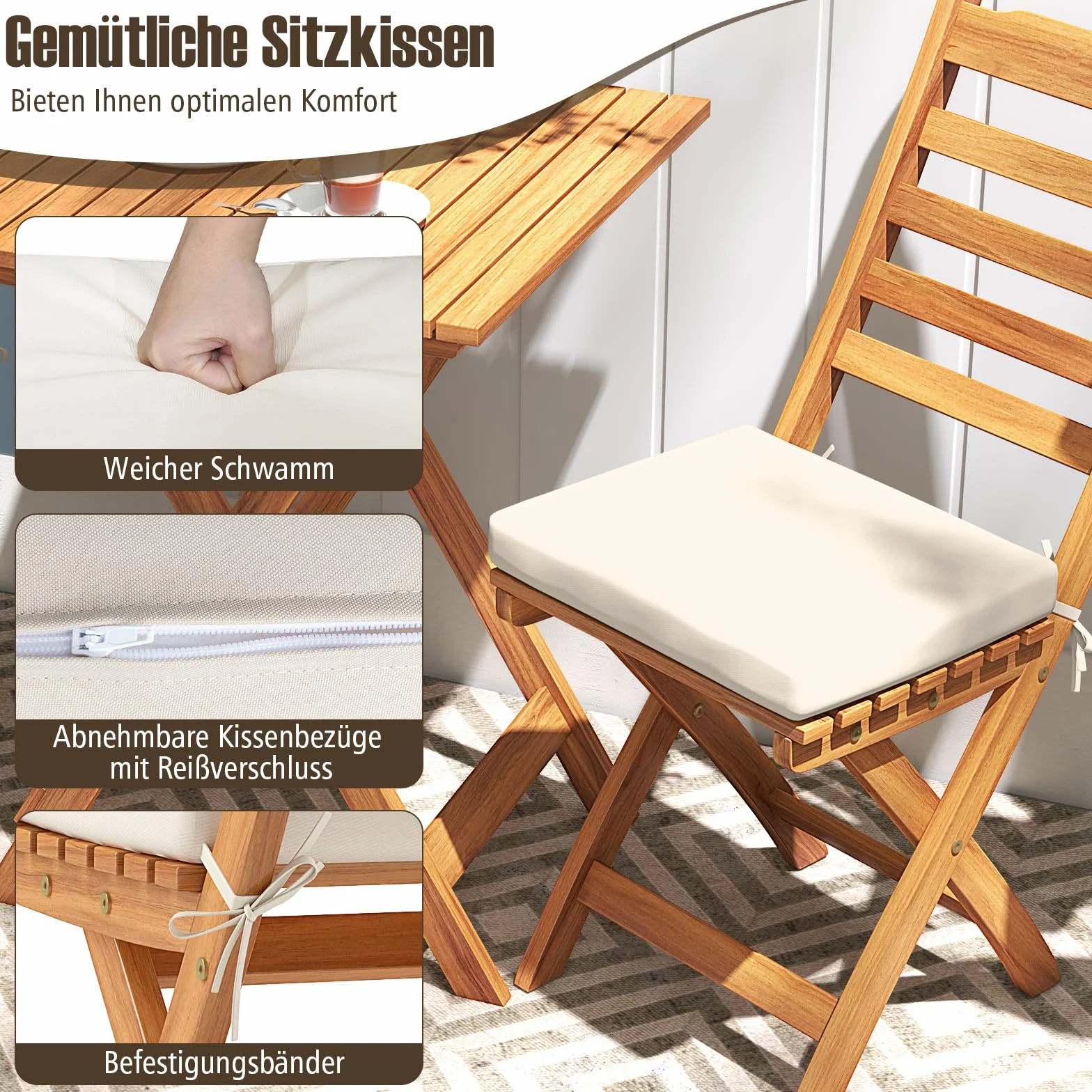 COSTWAY Zestaw mebli balkonowych 3-częściowy, stół bistro z 2 krzesłami, składany, drewno akacjowe, poduszki