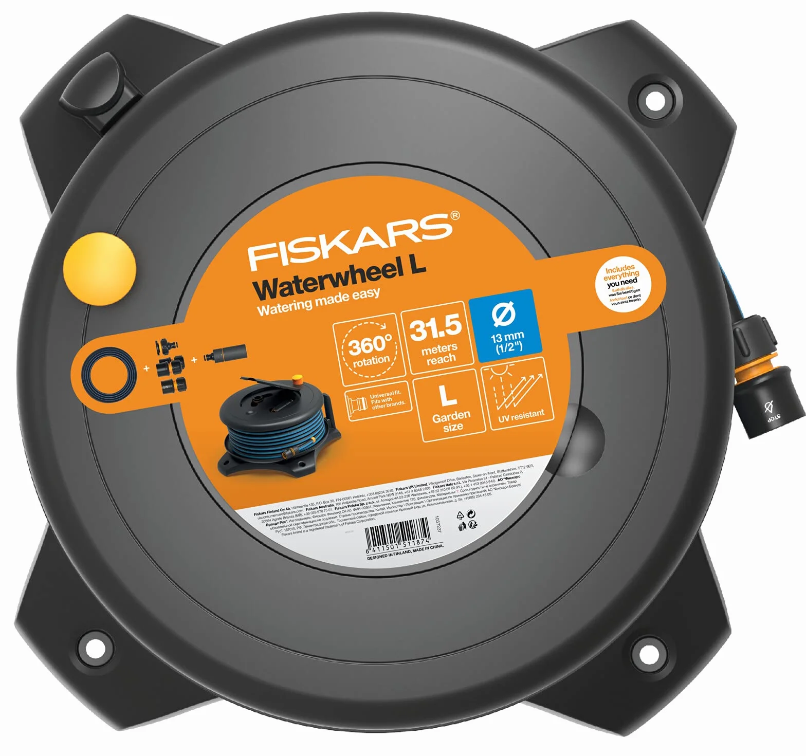 Fiskars Bęben z wężem L, Całkowity zasięg 31,5 m, Wąż ogrodowy ø 13 mm, Uniwersalna złączka ø 13-15 mm, Dysza zraszająca, Czarny/pomarańczowy