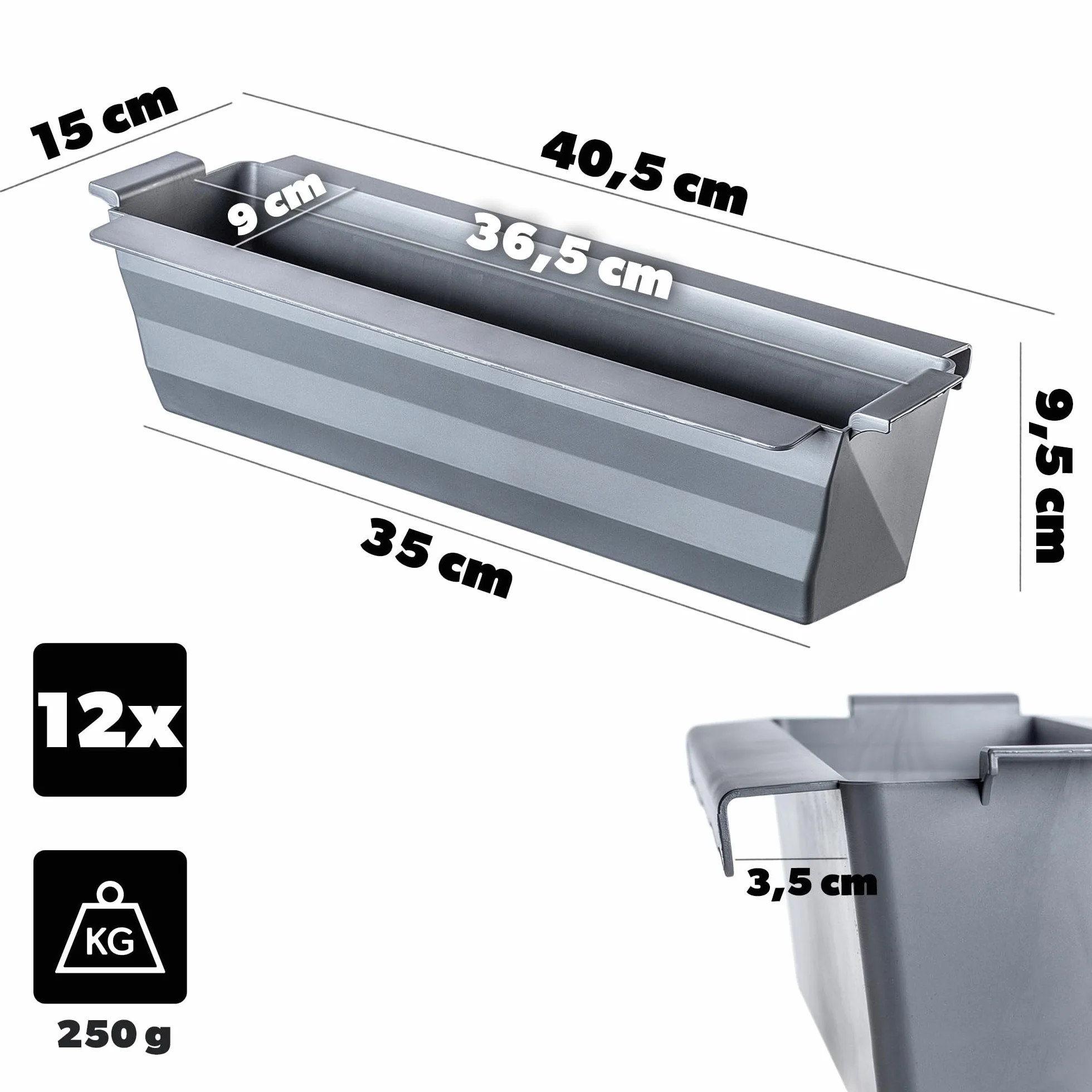 KADAX Skrzynka na rośliny, zestaw 12 palet, 37 x 9 cm, srebrna, system zawieszenia