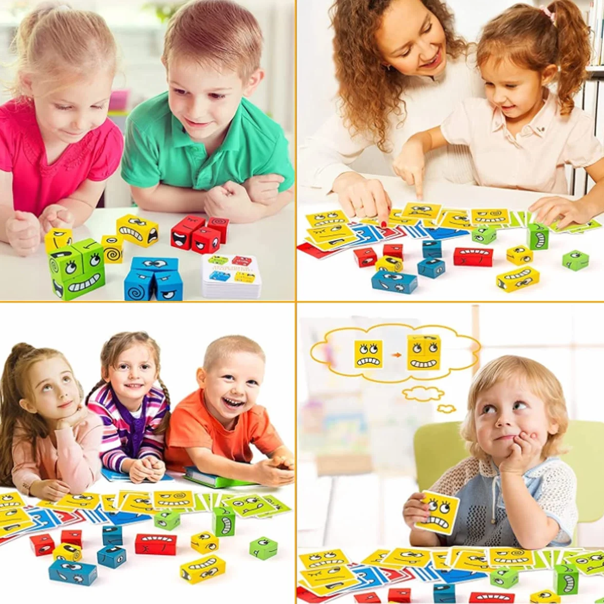 LiRiQi Puzzle z Drewnianych Kostek, Zabawka Sensoryczna Kostki Budowlane Drewniane Puzzle Twarze, Kolorowe Magiczne Kostki Klocki Interaktywna Zabawka, Montessori Zabawka Edukacyjna dla Dzieci od 3