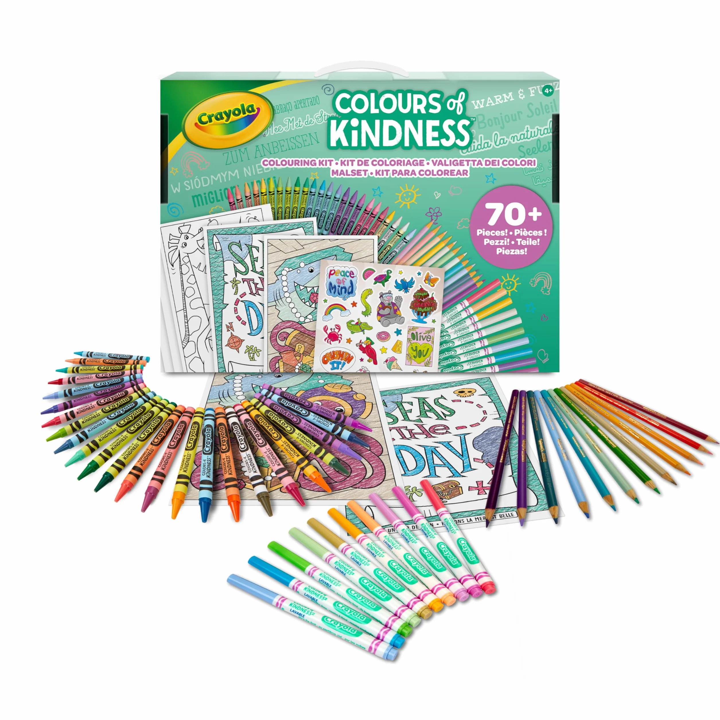 Crayola - Colours of Kindess, walizka, 70 sztuk +, markery, kredki woskowe, ołówki, arkusze kolorowanki, naklejki, kreatywny prezent dla dzieci i dziewcząt, od 4 lat, 04-2941