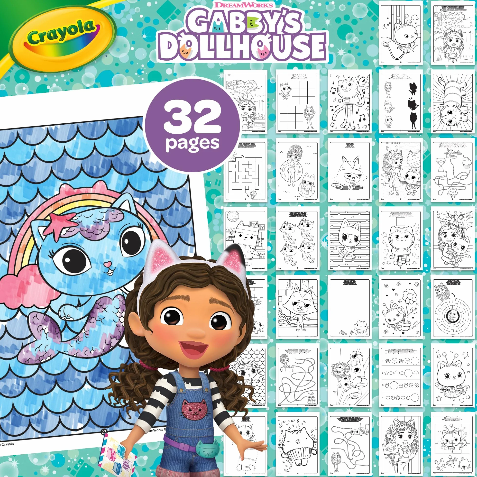 CRAYOLA - Gabby's Dollhouse Activity & Colouring Album, 32 strony do kolorowania i 7 mini zmywalnych markerów, 04-7024G