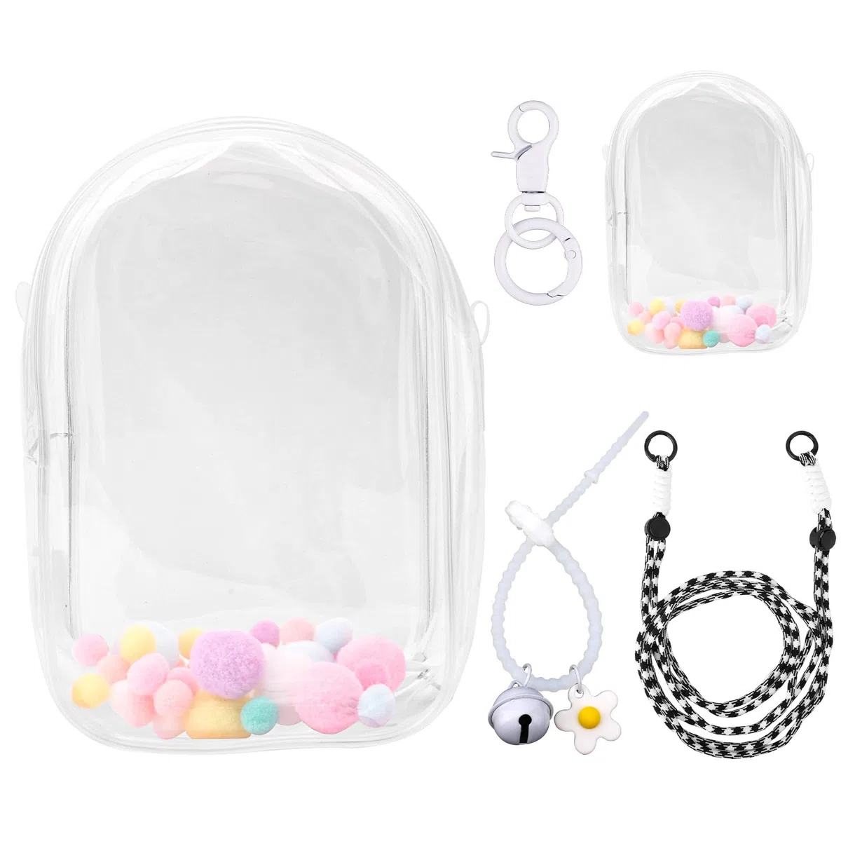 Przezroczysta Gablota na Figurki, Etui Ochronne Pluszową Lalkę Torba Przechowywania Uchwyt Przenośna Torba z PVC Ramię Pokrowiec Lalkę z Brelokiem na Akcesoria Lalek 15cm/17cm (Biały)