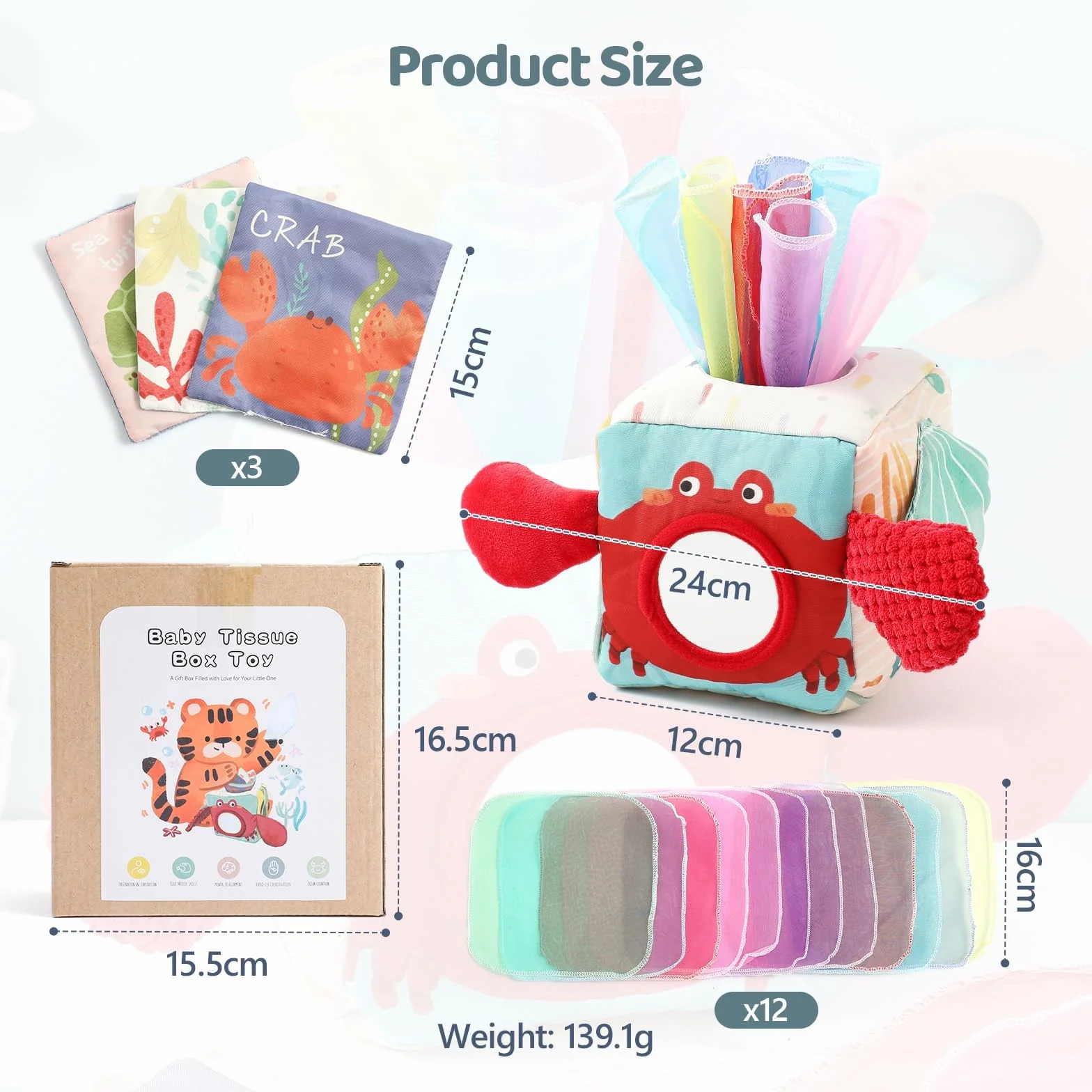 WOODEN TEETHER Zabawka pudełko chusteczek dla dzieci 6-12 miesięcy Montessori zabawka sensoryczna, wspiera sensorykę i motorykę, z lustrami, kolorami, teksturami, dźwiękami, zabawka edukacyjna dla