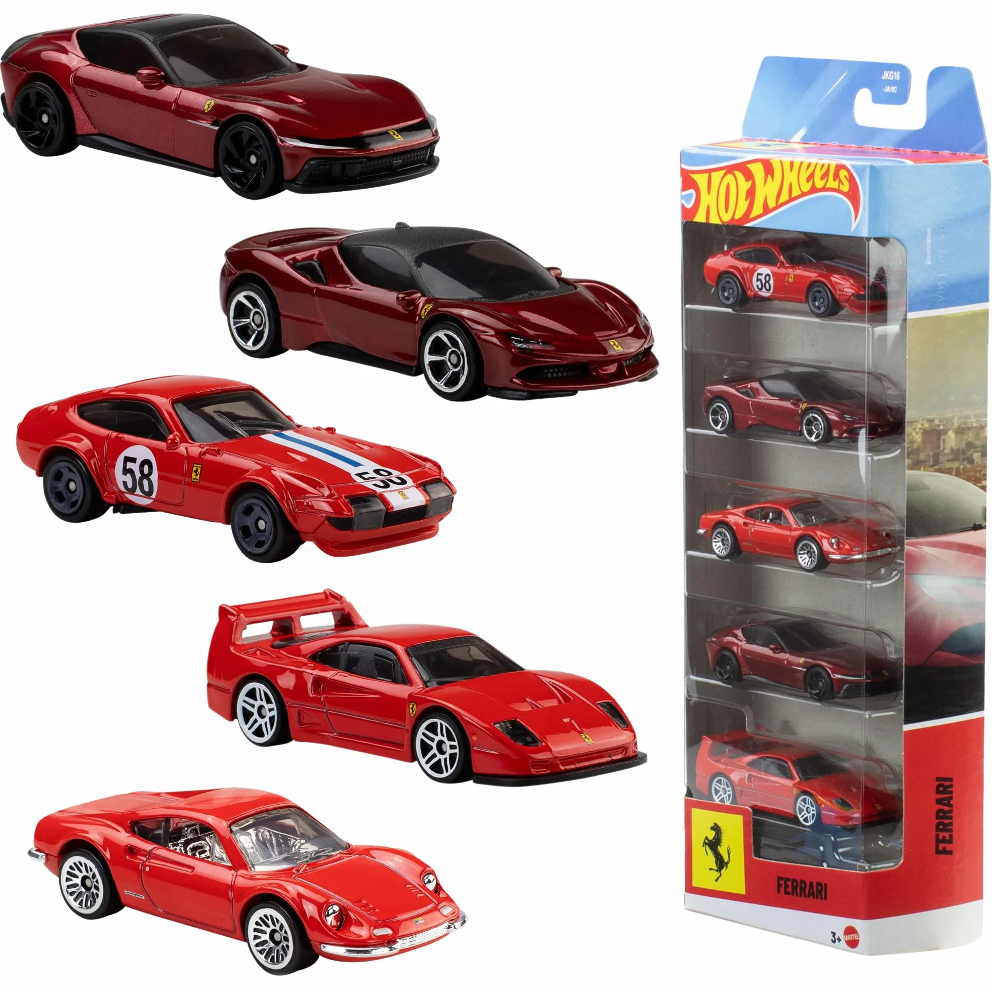 Hot Wheels Ferrari Samochodziki 5-pak, metalowe auta, oficjalnie licencjonowane samochody zabawki Ferrari w skali 1:64 do zabawy i kolekcjonowania, zabawki dla dzieci 3+, JLN12